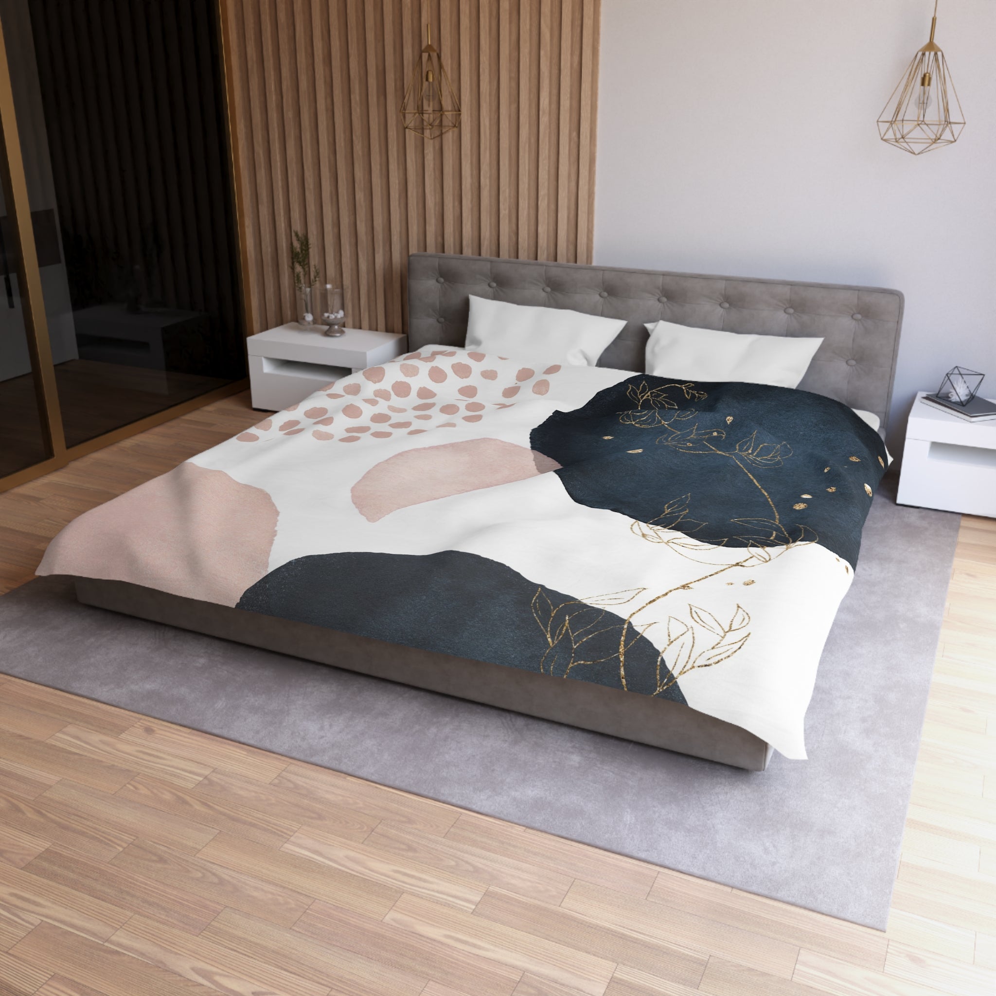 Abstract Duvet Cover | White Blush Pink, Navy Blue Blanket | Bedroom Decor