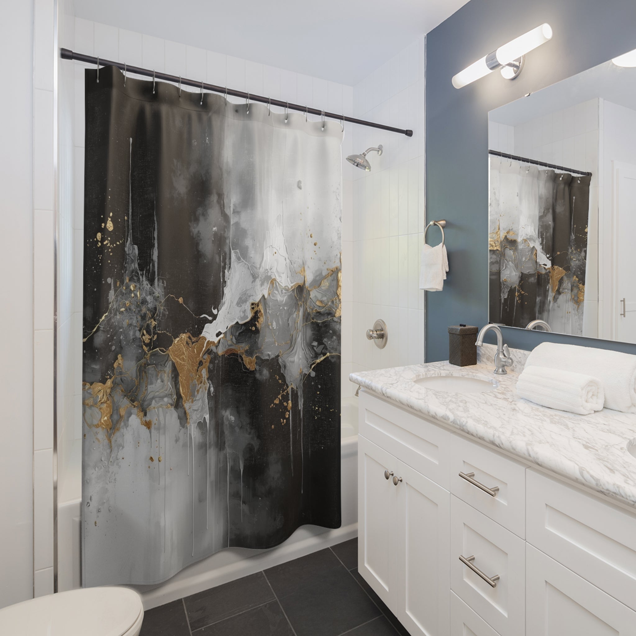 Abstract Shower Curtain | Moody Black Grey, Muted Gold Watercolor