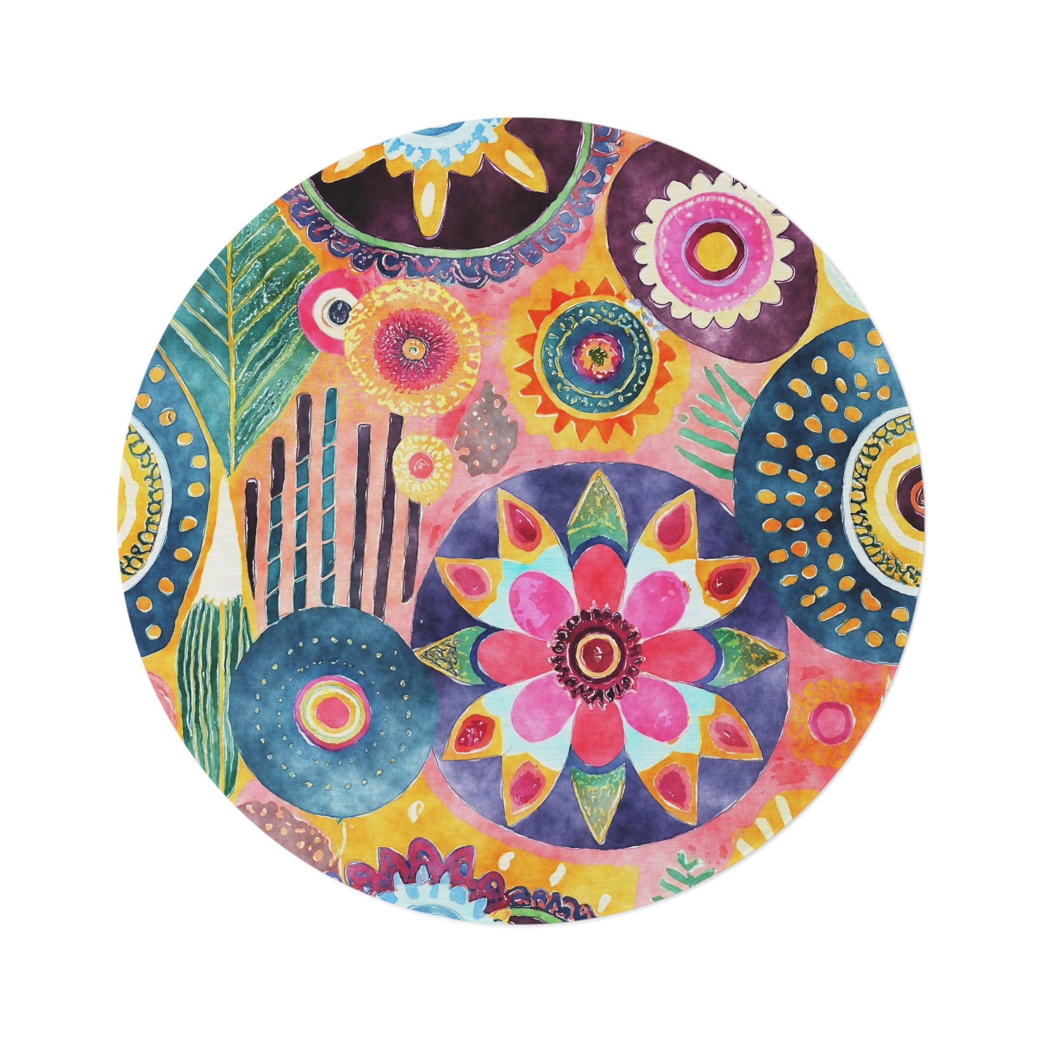 Colorful Funky Round Area Rug | Mandala Yellow Green Blue