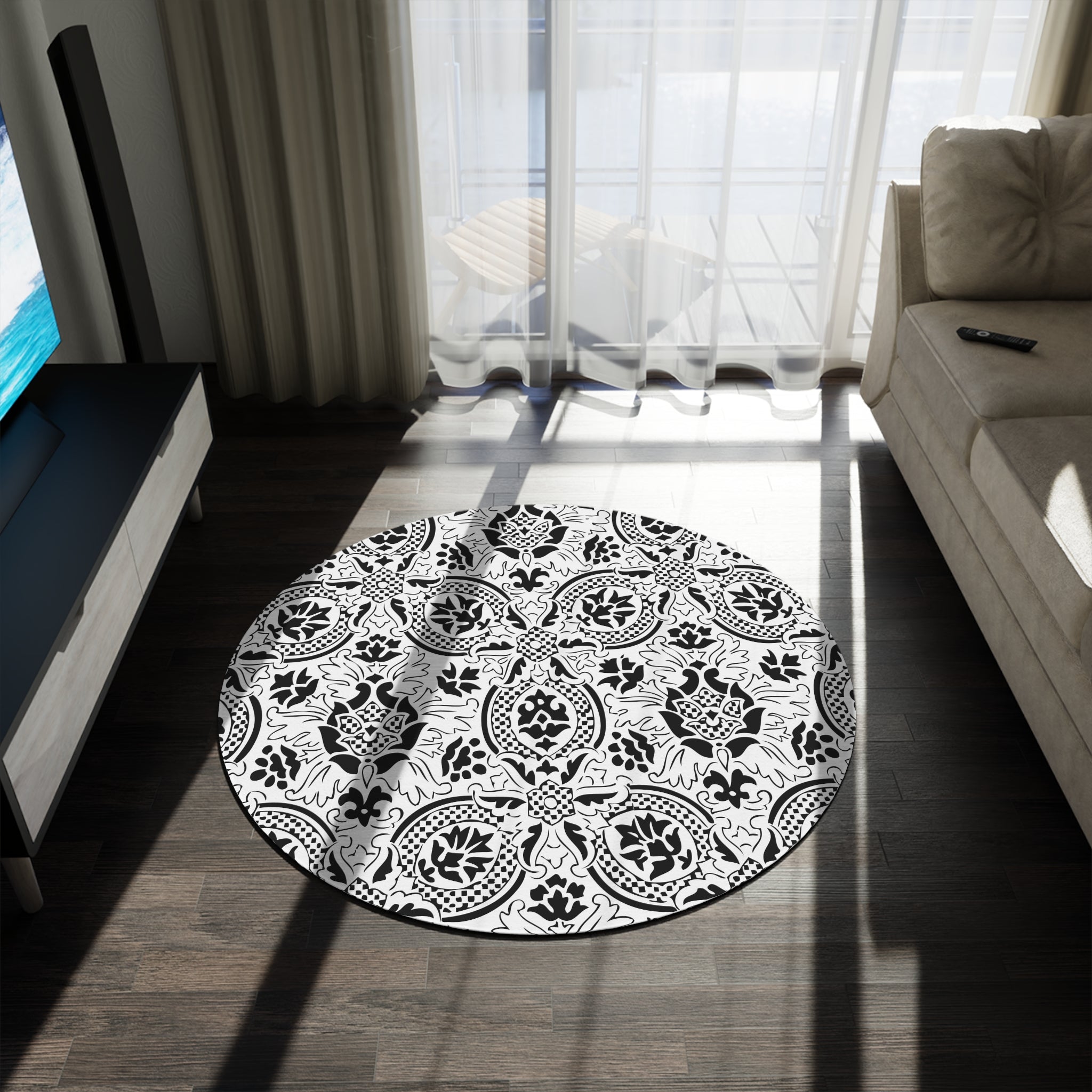 Moroccan Round Area Rug | Black White, Art Deco, Nouveau