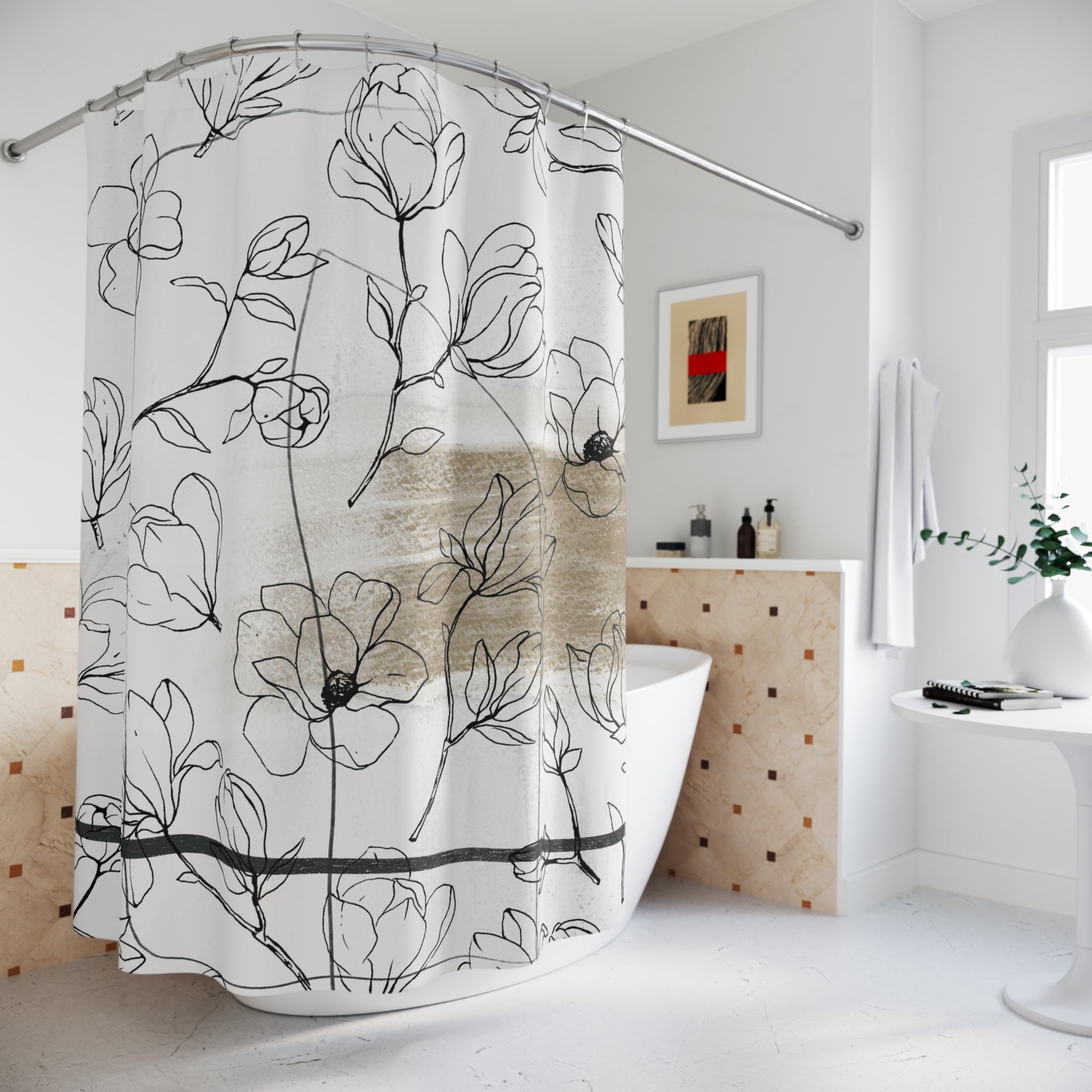 Boho Floral Shower Curtain | Bohemian Beige White Black Line Art