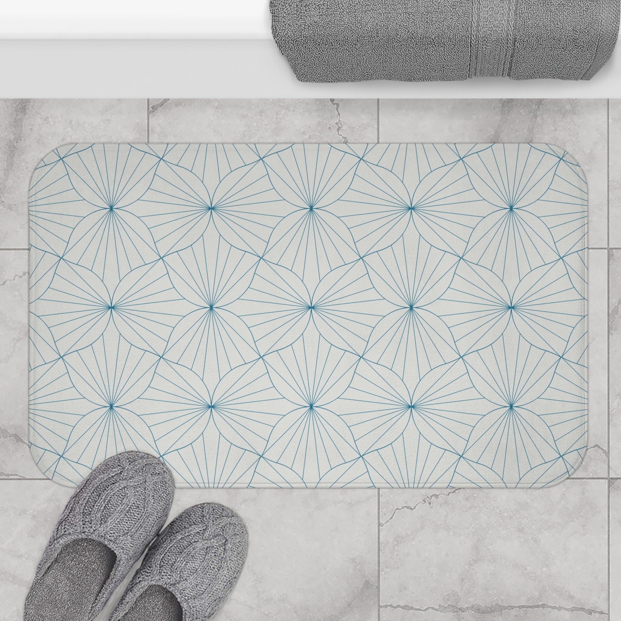 Boho Bath, Kitchen Mat |  Art Deco Geometric Blue Grey