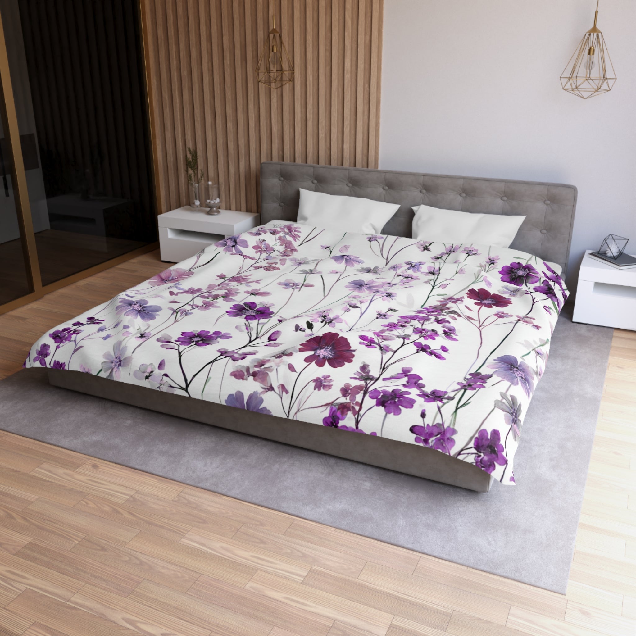 Floral Modern Duvet, Pillow Cover | White Purple Bedroom Decor