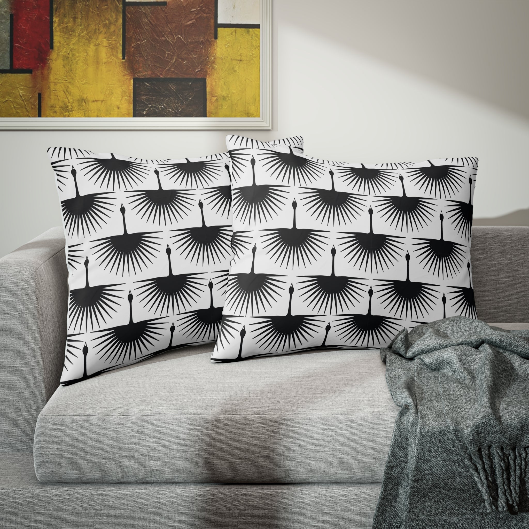 Boho Bedding Pillow Sham | Black White Crane Birds