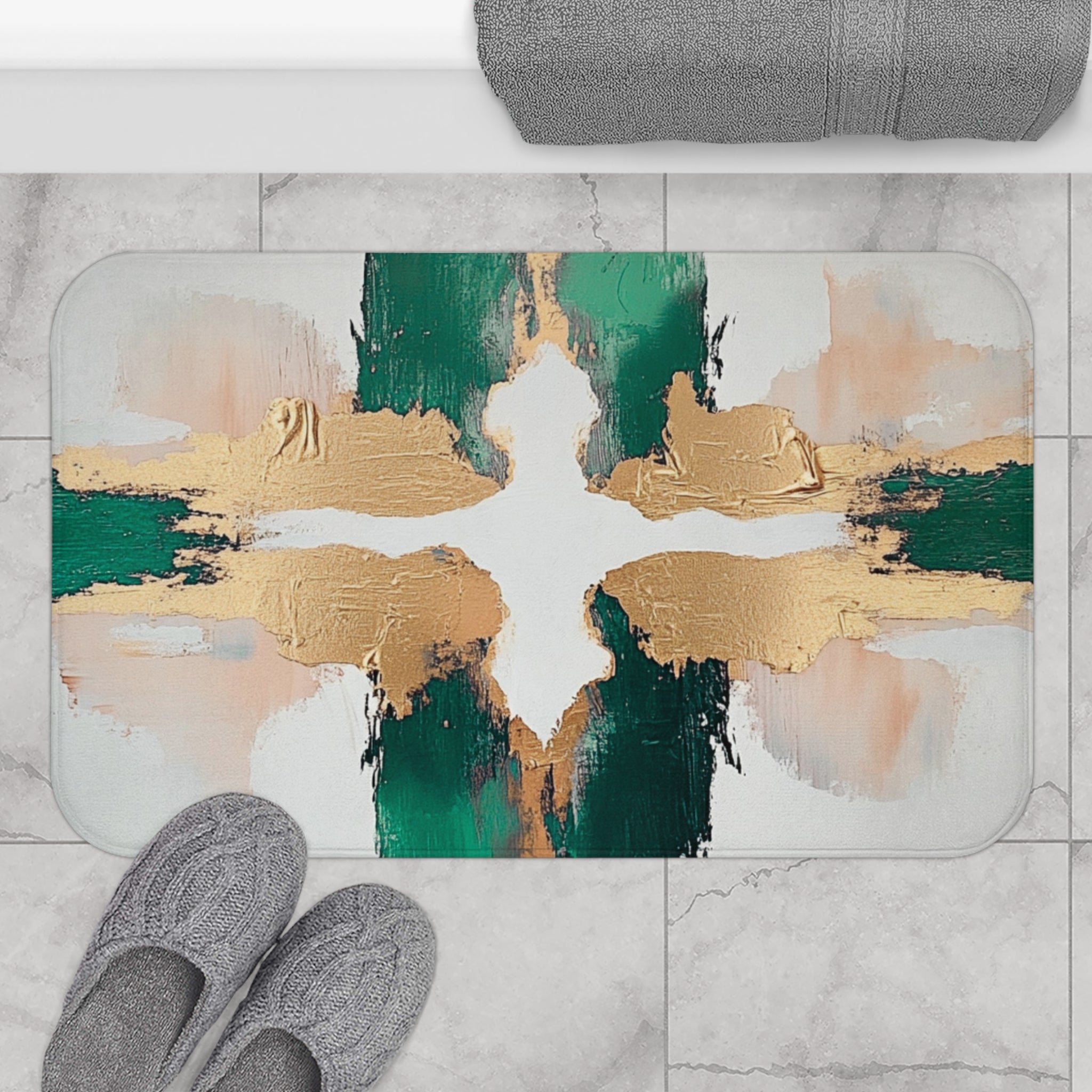 Abstract Bath Mat | Green White, Muted Gold Beige Kitchen Mat