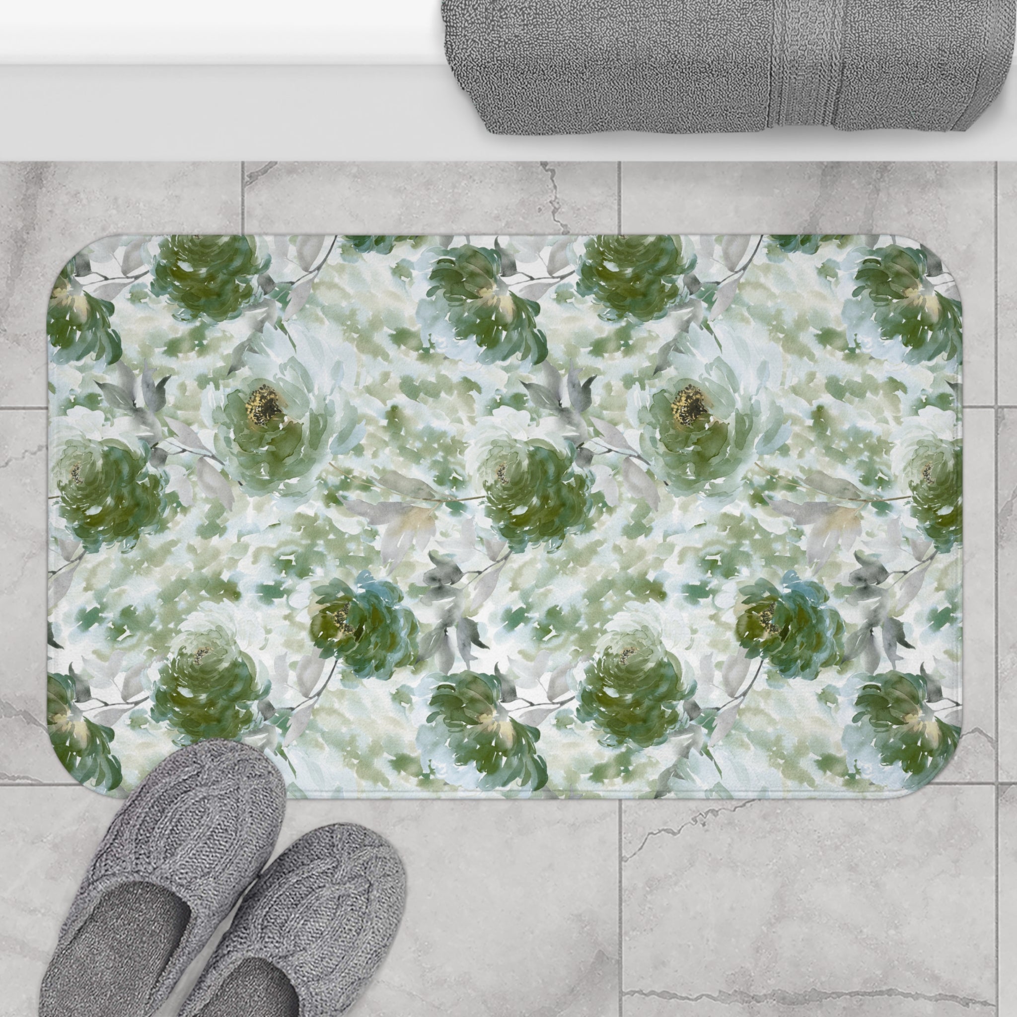 Floral Bath Mat | Green Roses Kitchen Mat