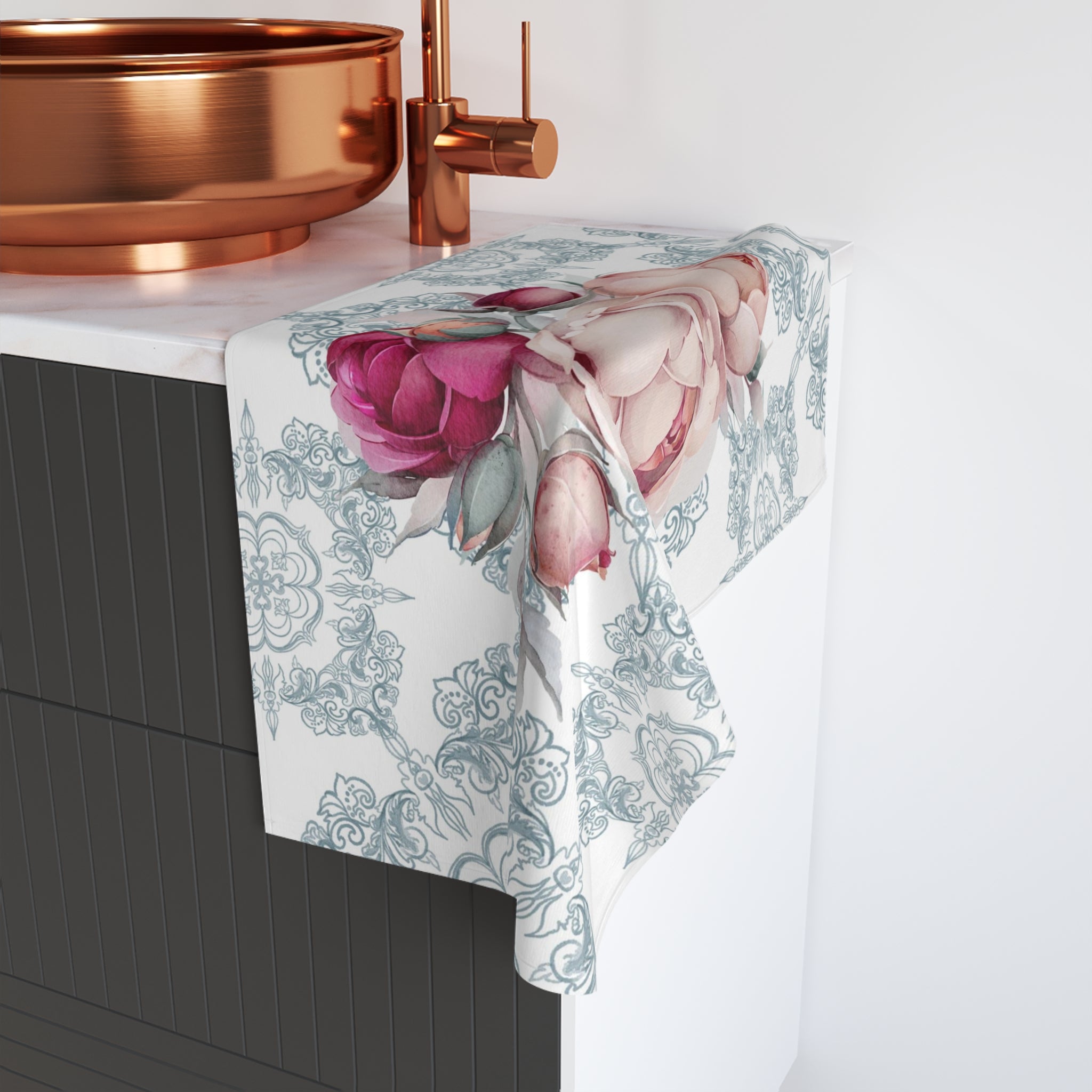 Kitchen, Bath Hand Towel | Amalfi Coast, Blue White, Tiles, Pink Peonies