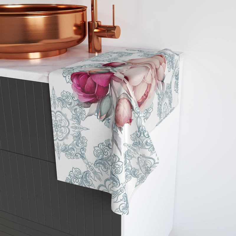 Kitchen, Bath Hand Towel | Amalfi Coast, Blue White, Tiles, Pink Peonies