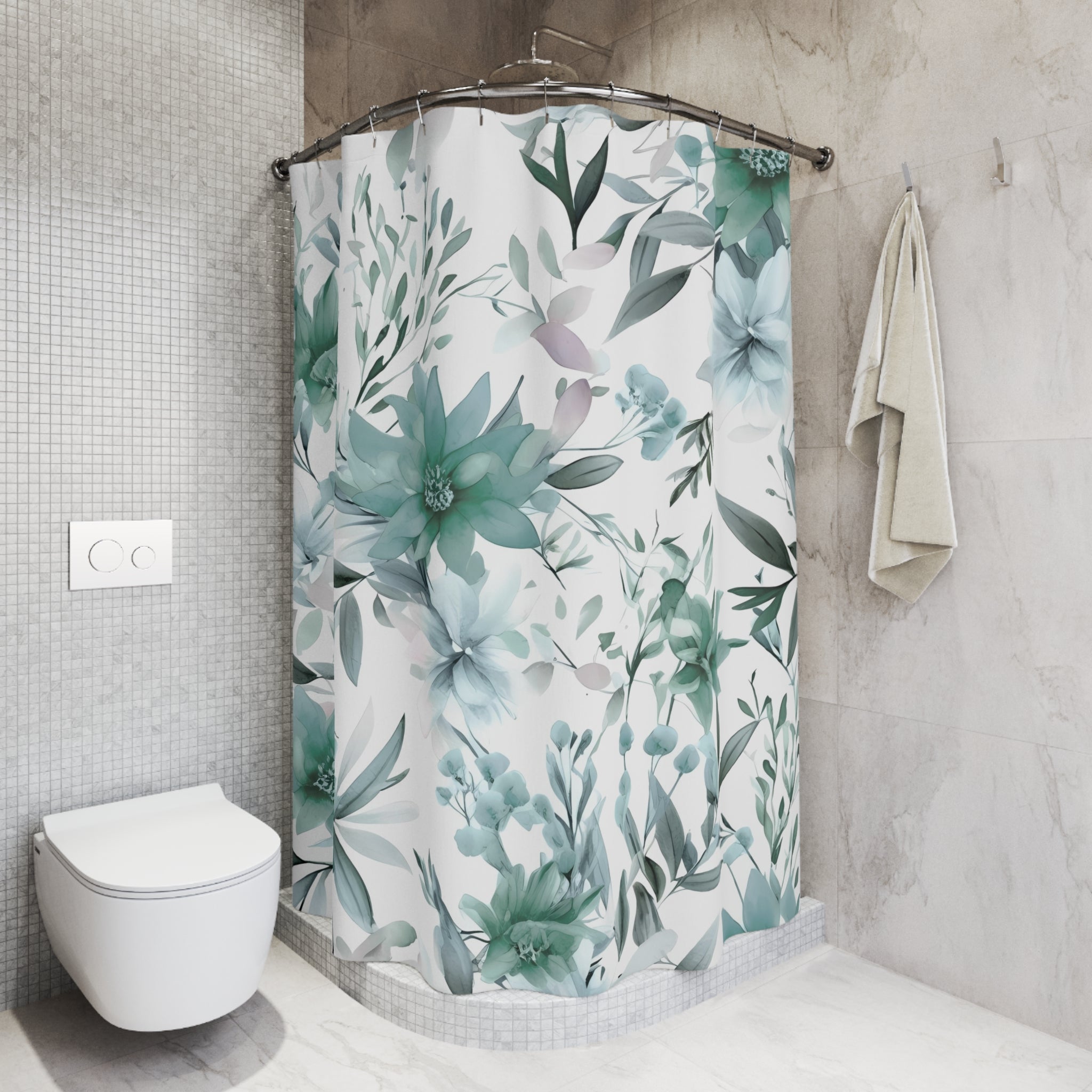 Floral Shower Curtain | Sage Green, White Watercolor