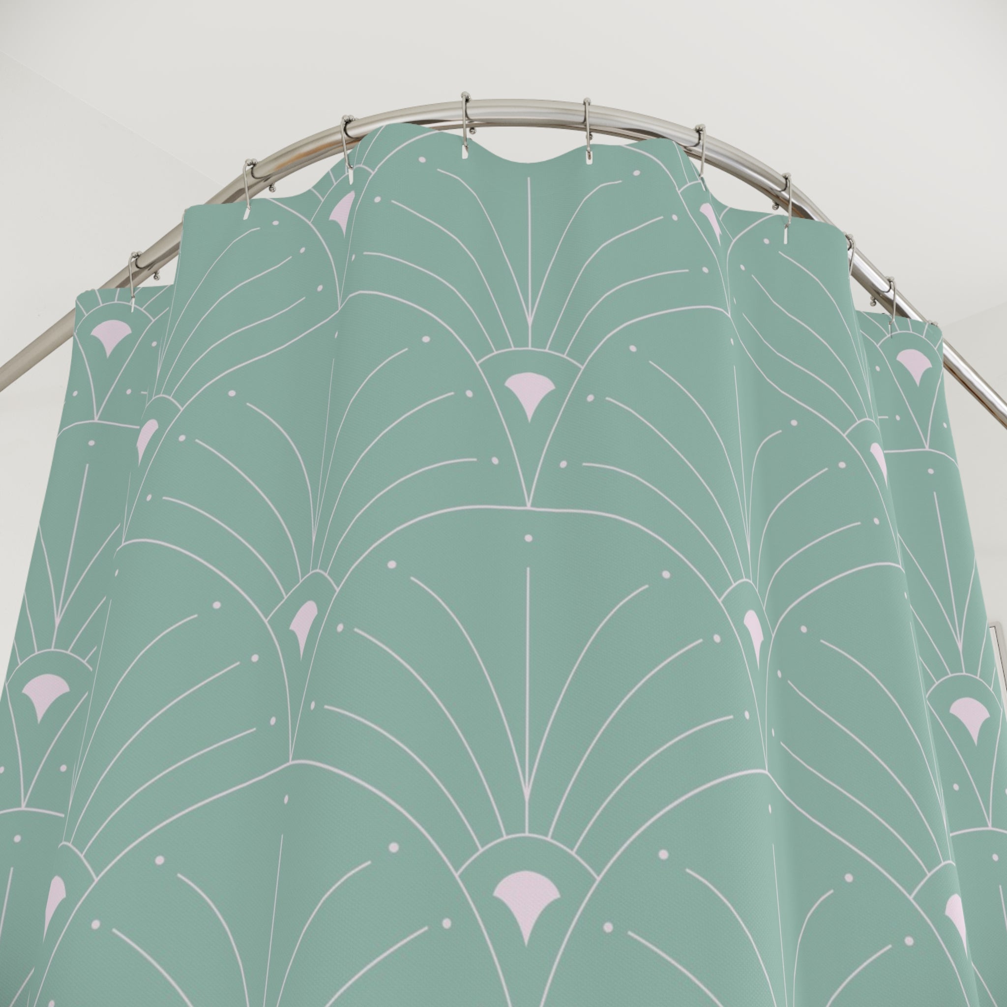 Art Deco Shower Curtain | Teal Sage Green, White Fan Bath Curtain