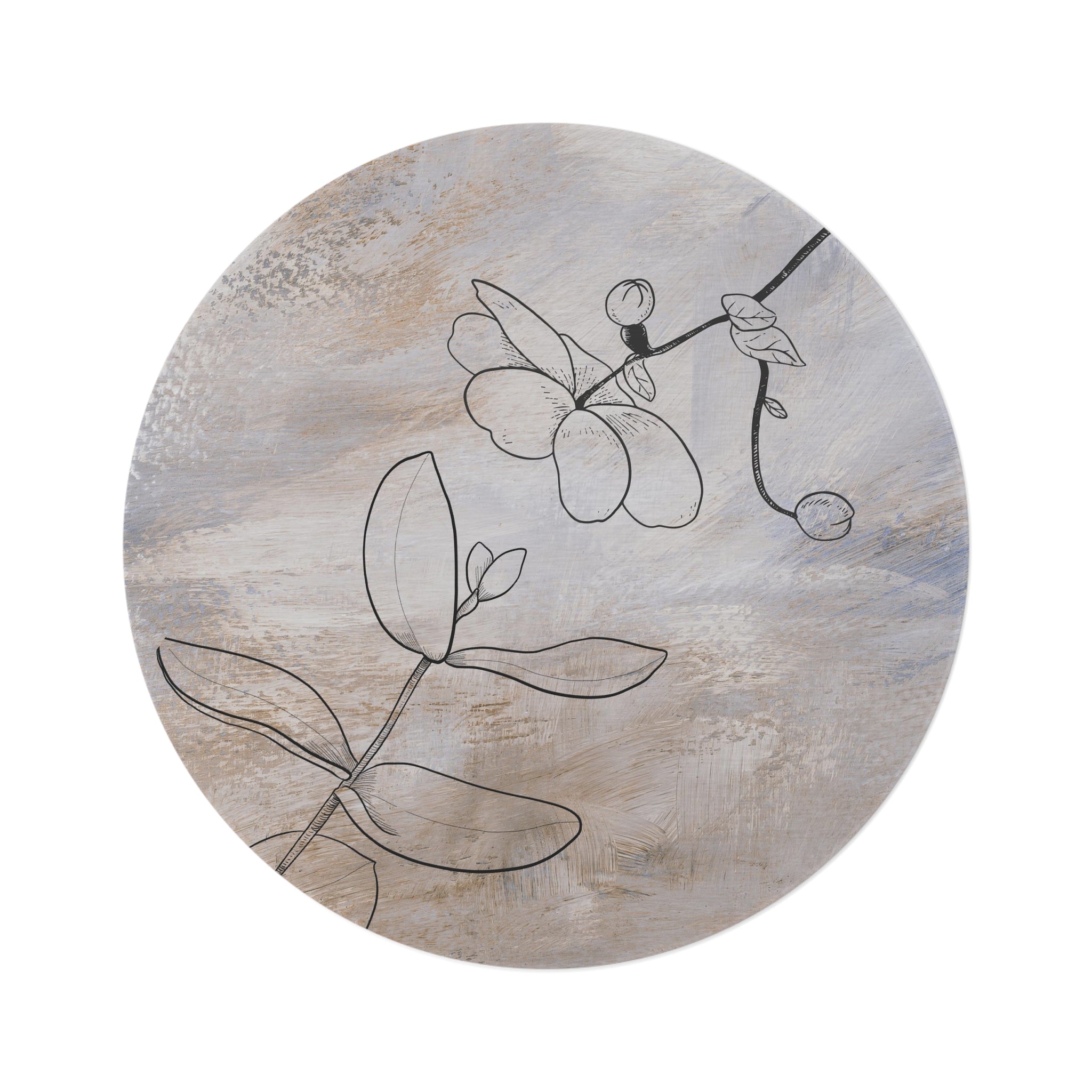 Beige Round Area Rug | Retro Earthy, Neutral Floral Line Art