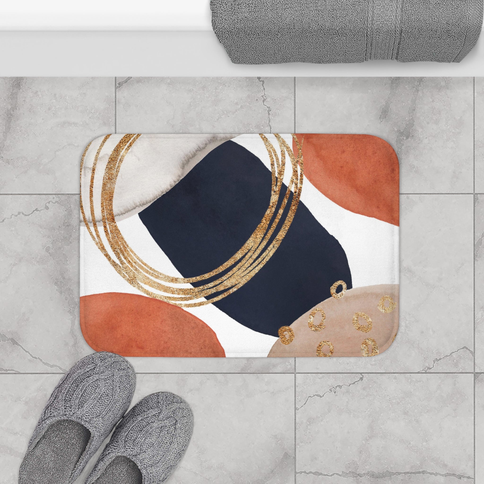 Abstract Bath Mat | Navy Blue, Burnt Orange, Gold