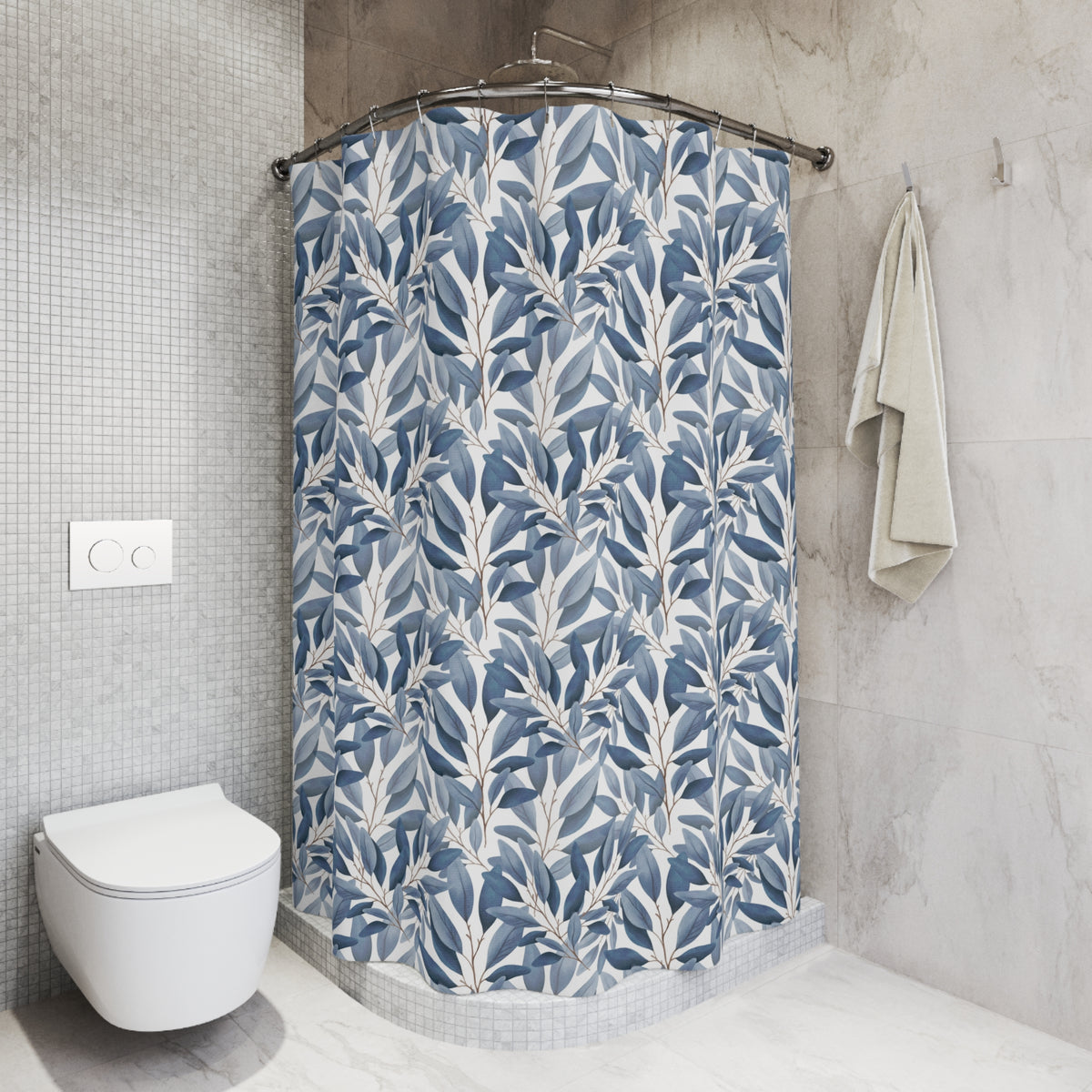 Dusty Blue Botanical Leaf Shower Curtain, Bath Curtain 71x74