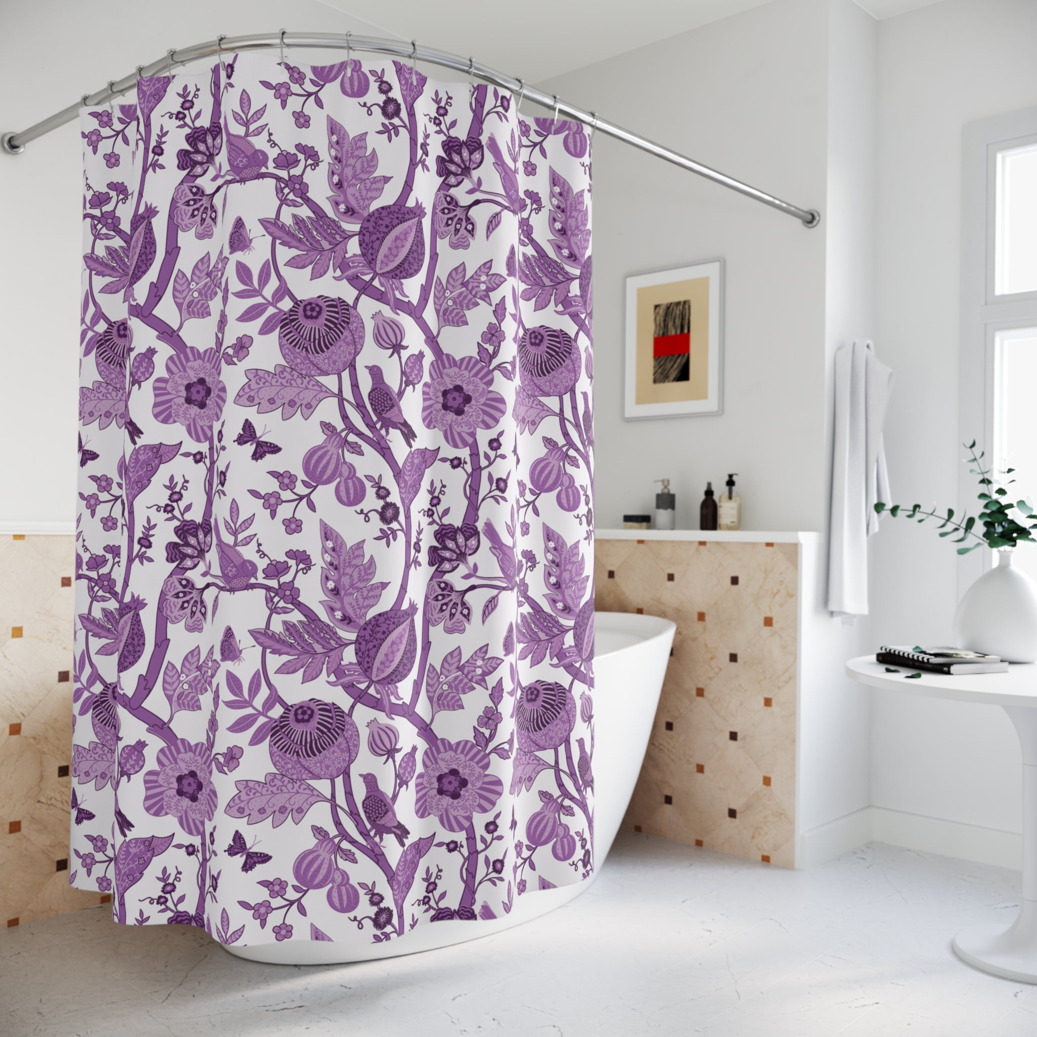Chinoiserie Shower Curtain | Purple White Floral, Vintage