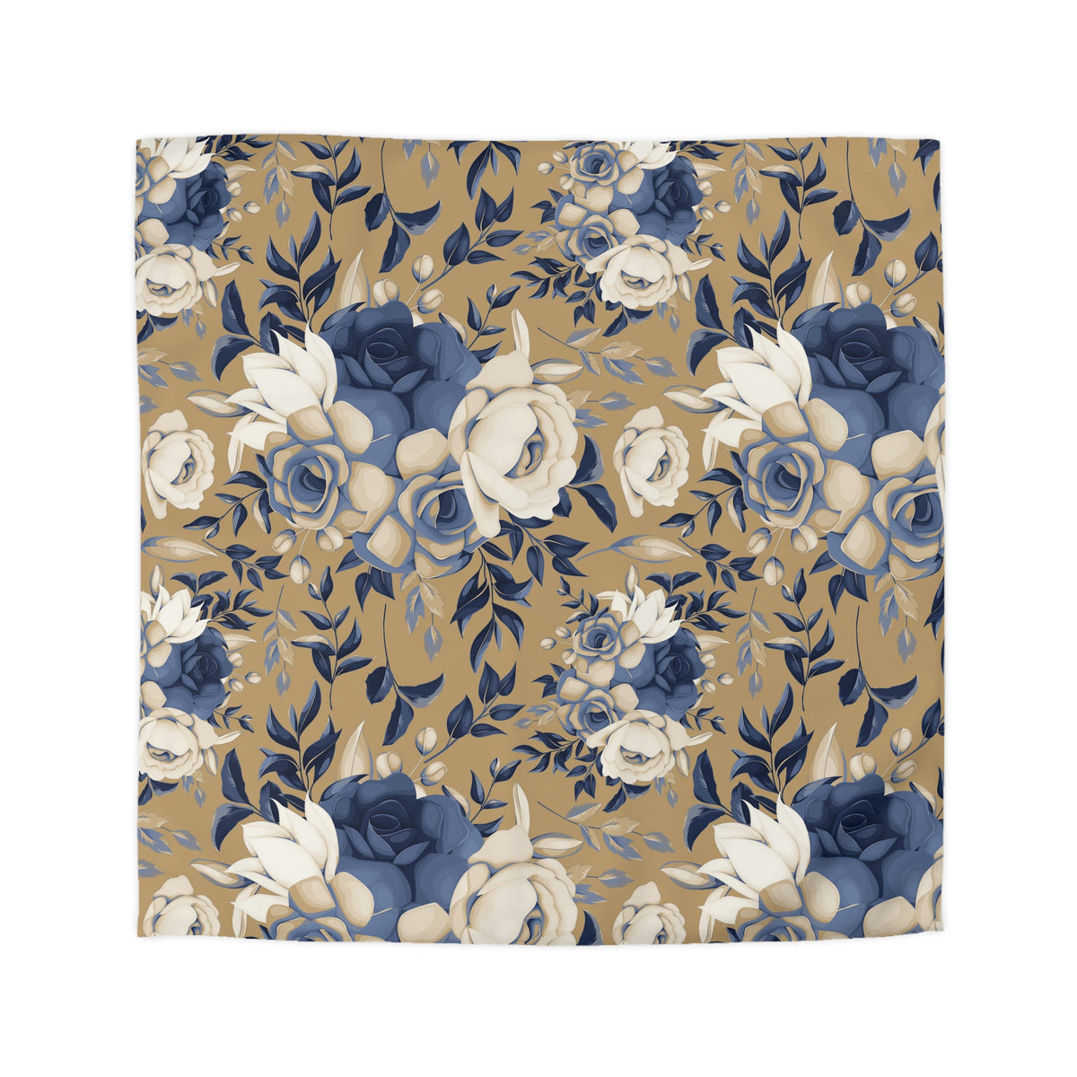 a repeating floral pattern with blue and white flowers and leaves on a beige background.
