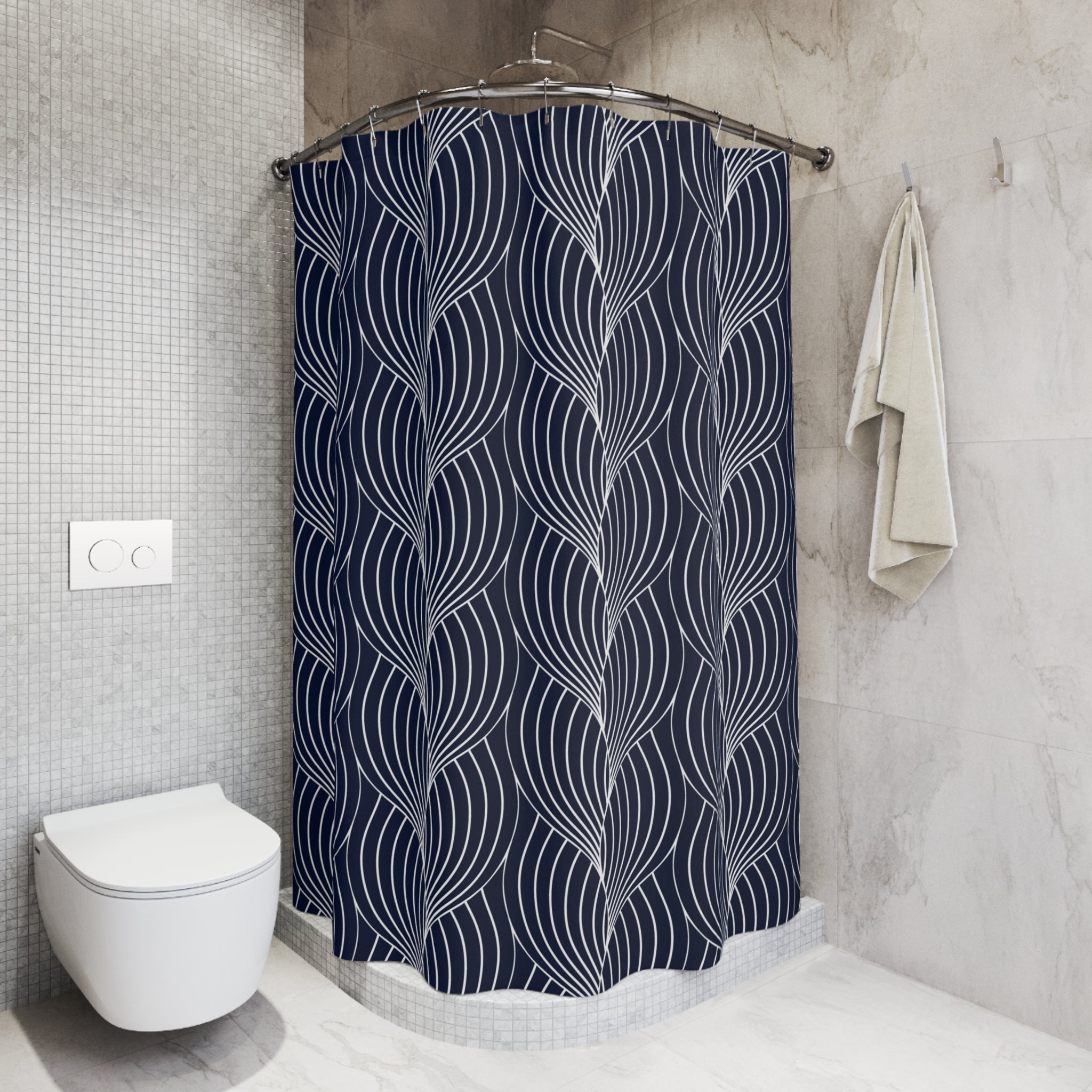 Art Deco Shower Curtain | Navy Blue, White Bathroom Decor