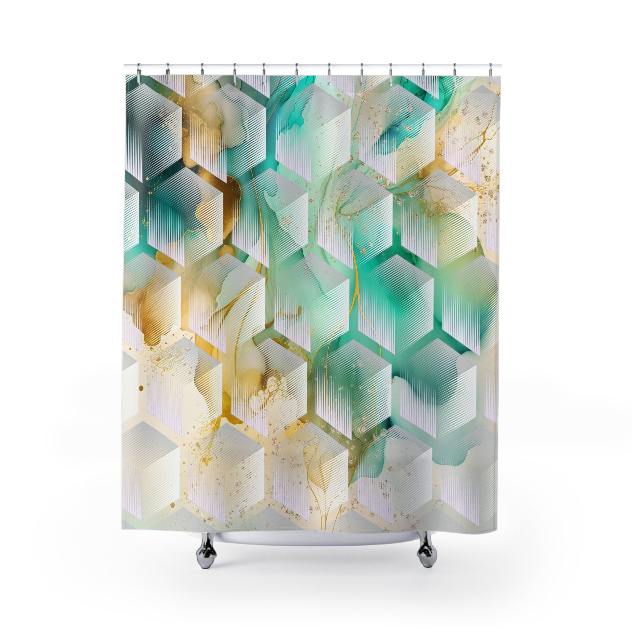 Teal Green Shower Curtain | Geometric, White Gold Beige