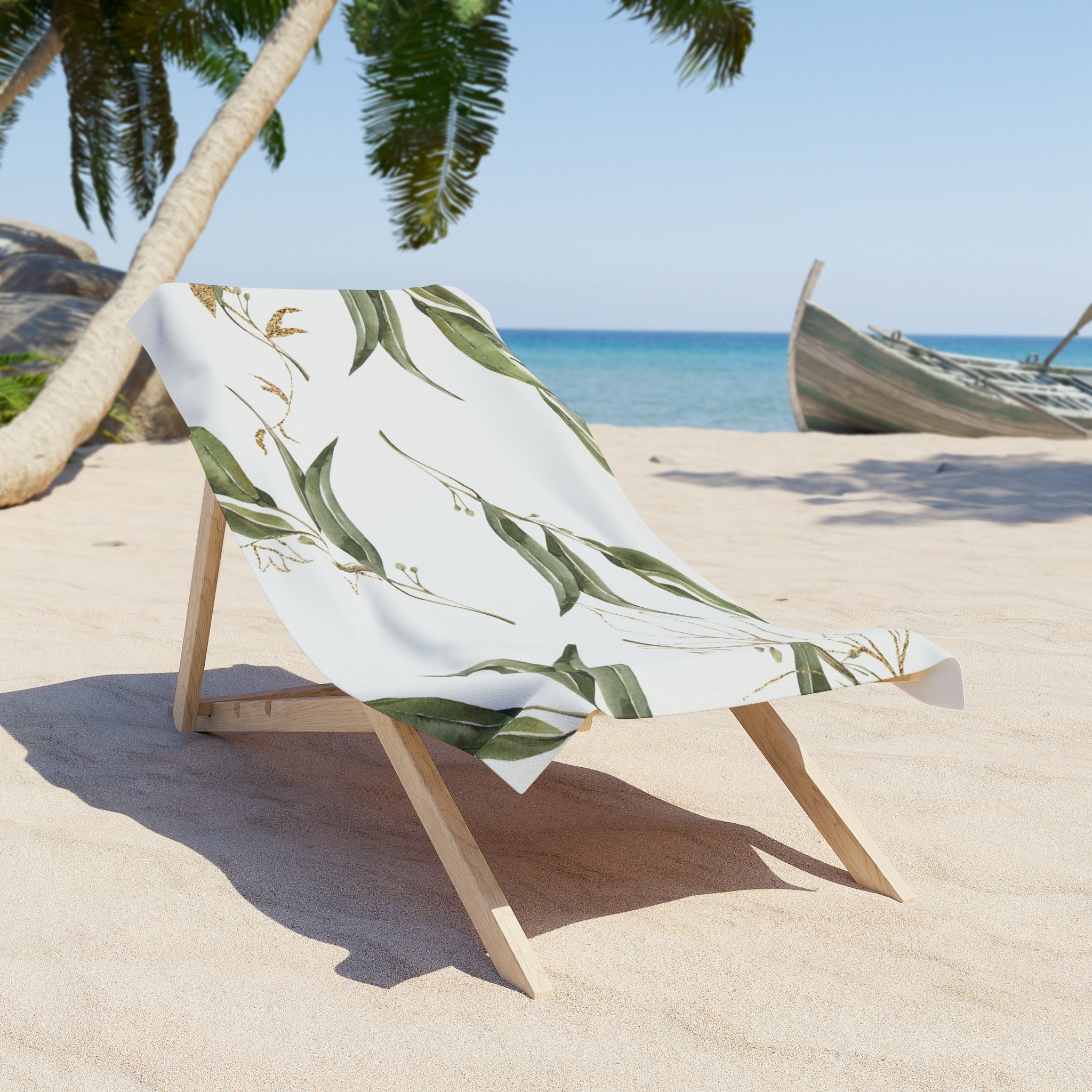 Bath Beach Towel | Boho Floral, Sage Green, White Gold Beige Leaves