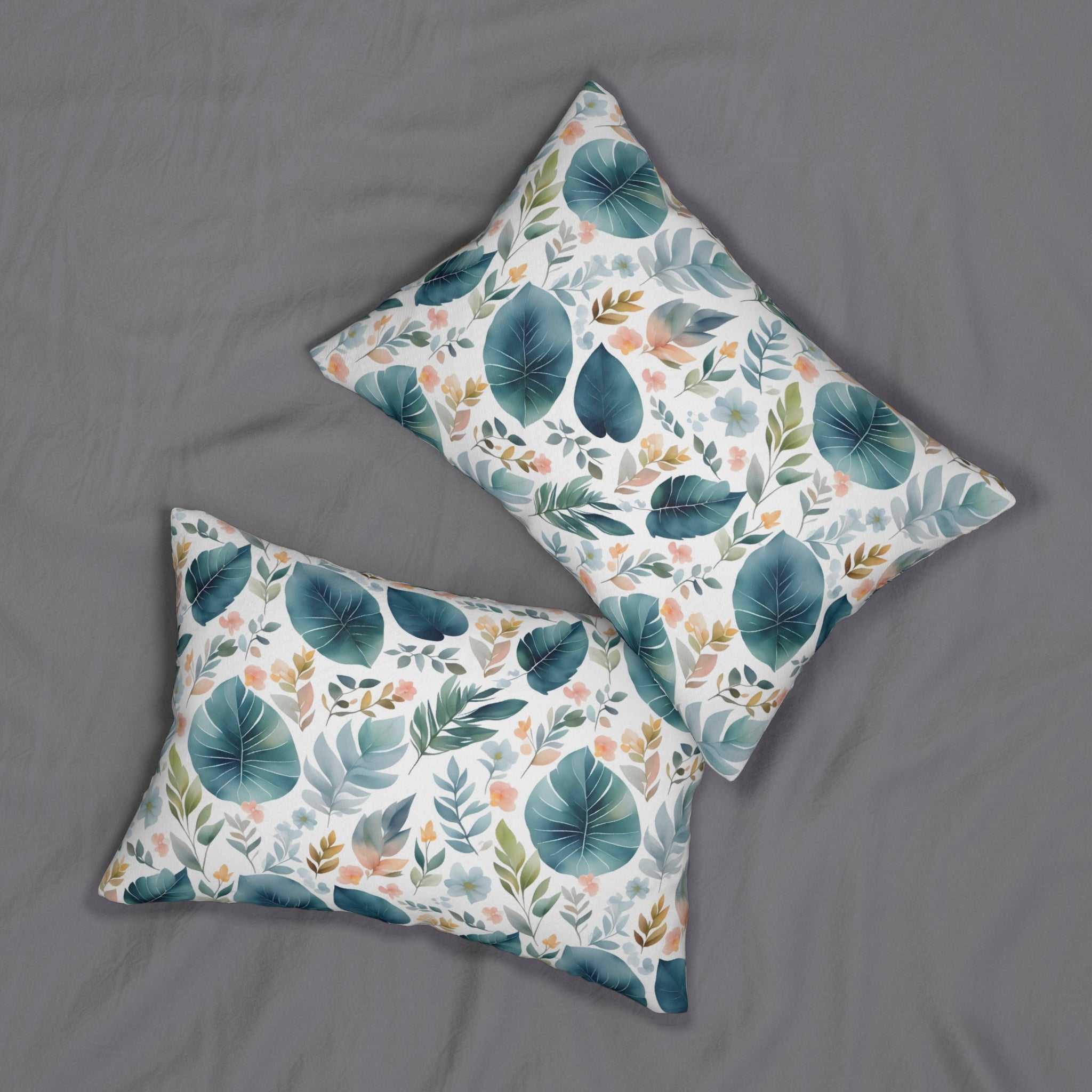 Boho Lumbar Pillow | White Teal Blue, Green Leaves