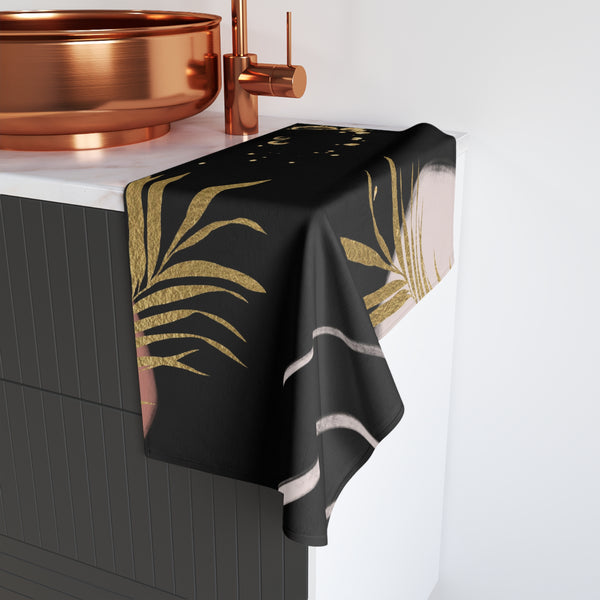 Abstract Kitchen, Bath Hand Towel | Black Gold Leaves