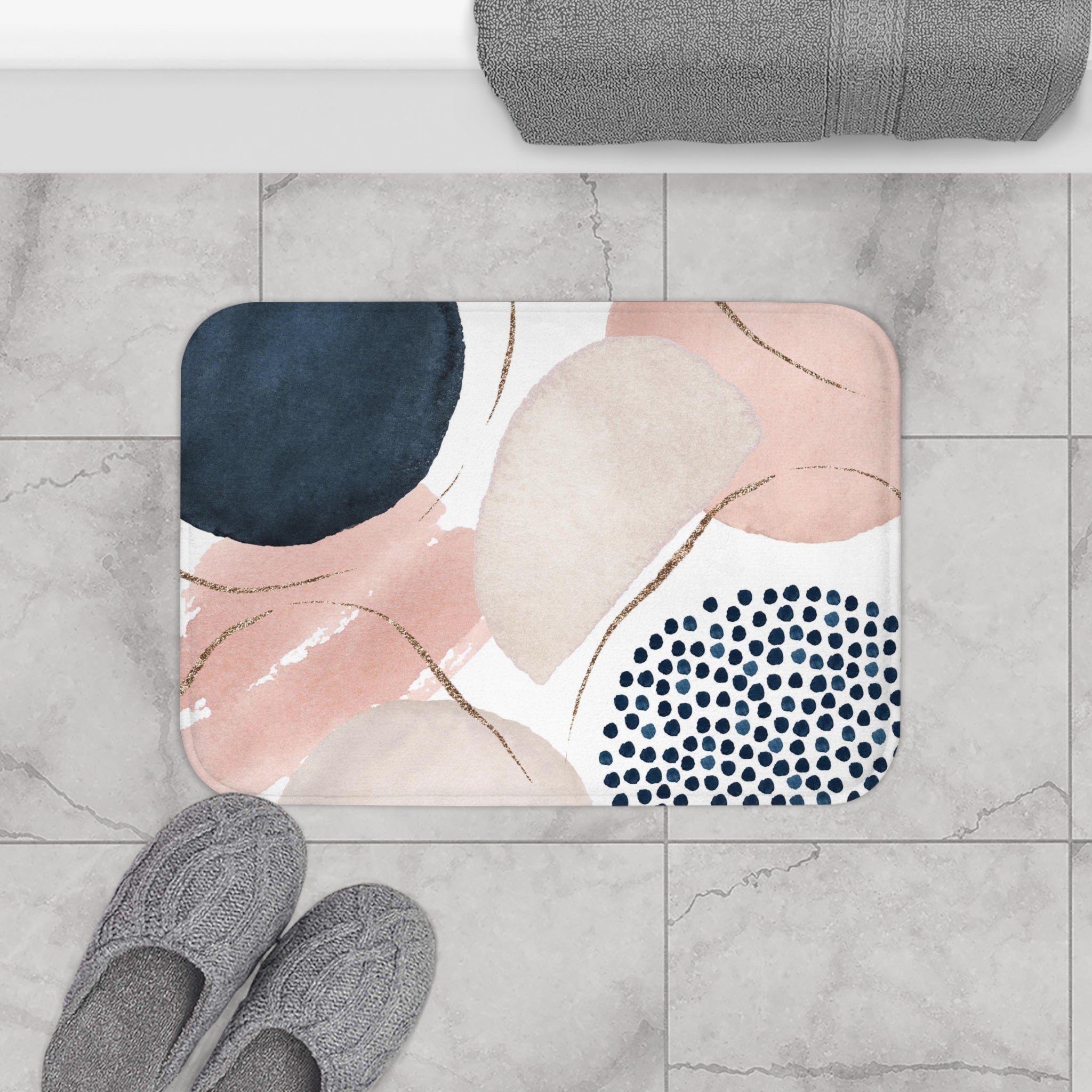 Abstract Bath, Kitchen Mat, Rug | Blush Pink, Beige Ivory, Navy Blue