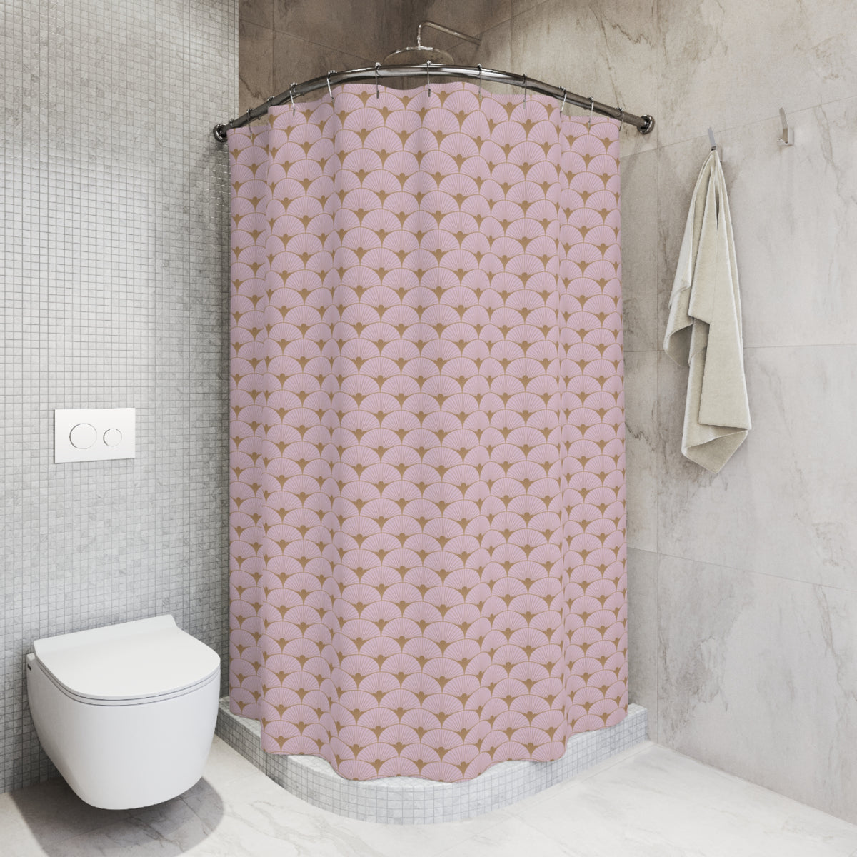 a bathroom with a shower curtain featuring a pink and gold pattern, a white toilet, and a towel hanging on a rack.