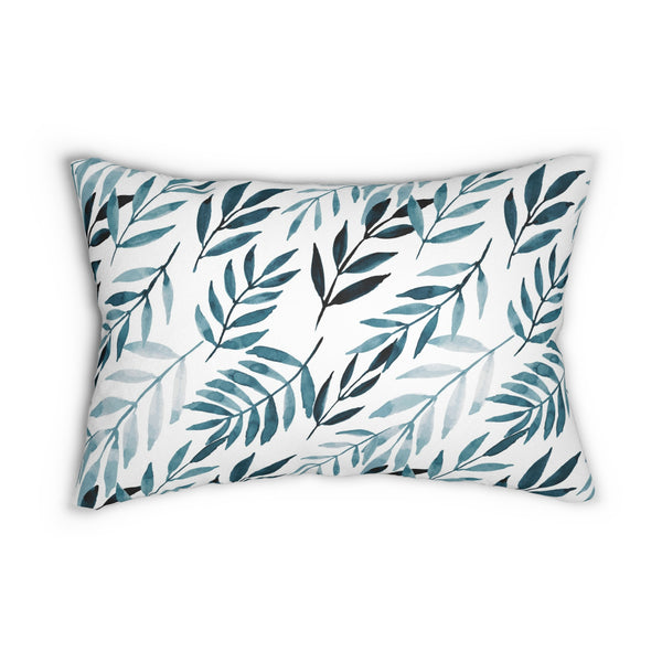Boho Lumbar Pillow | Floral White, Navy Denim Blue Leaves