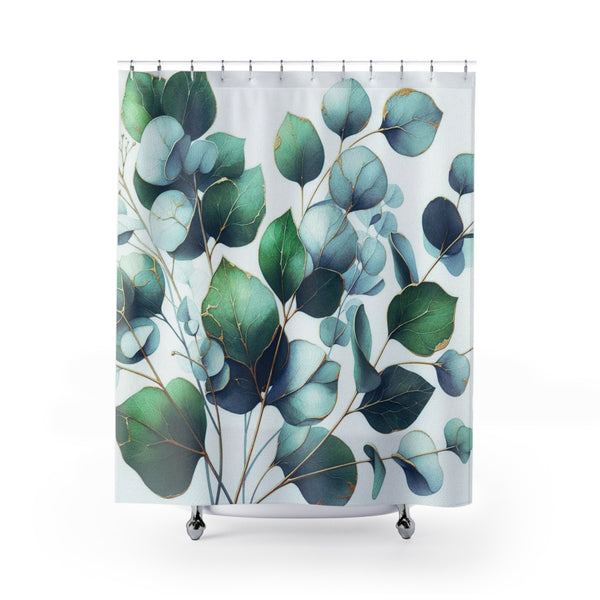 Floral Shower Curtain | Forest Green, Pale Blue Eucalyptus Leavea