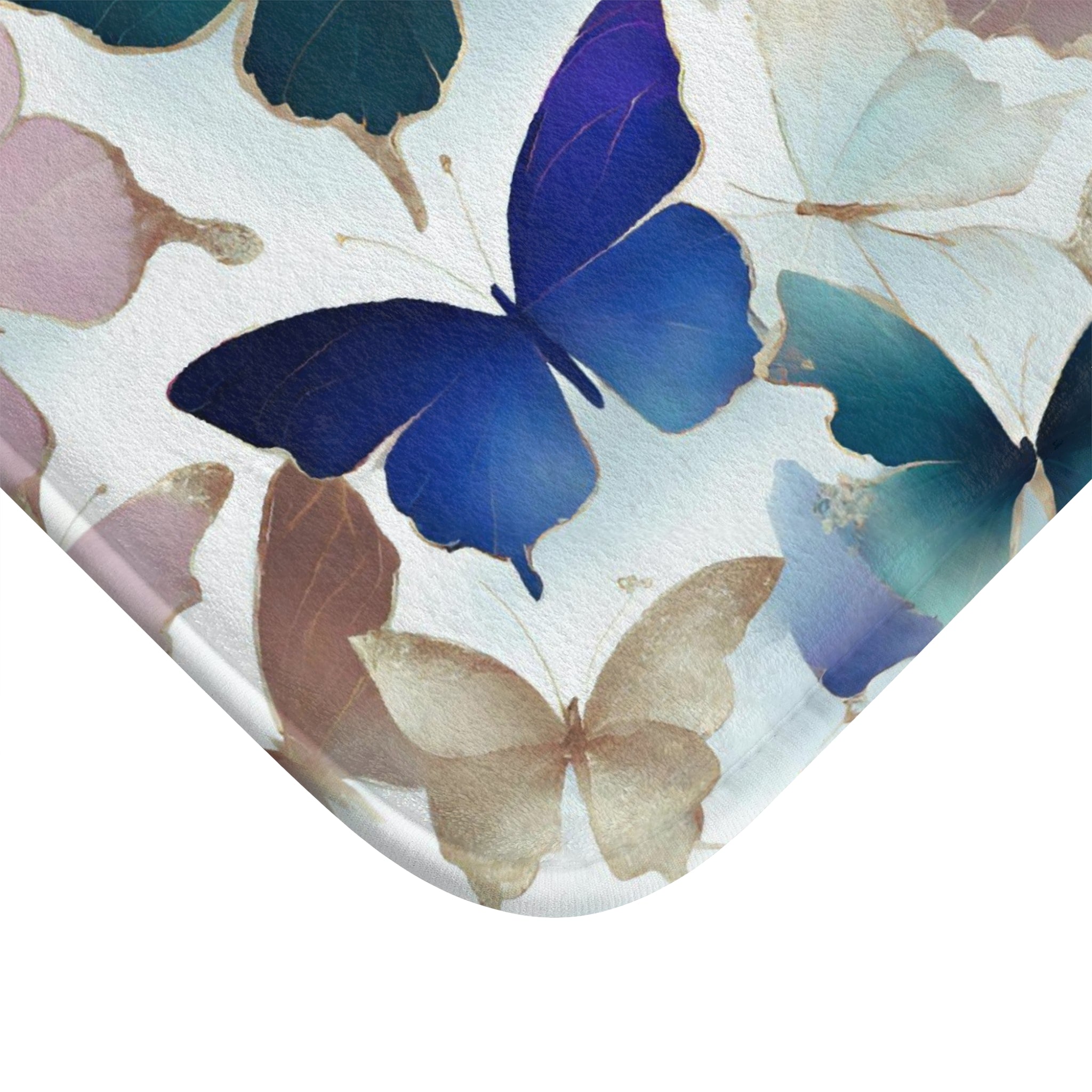 Boho Butterflies Bath, Kitchen Mat | Blue Pink, Muted Gold Beige, Colorful