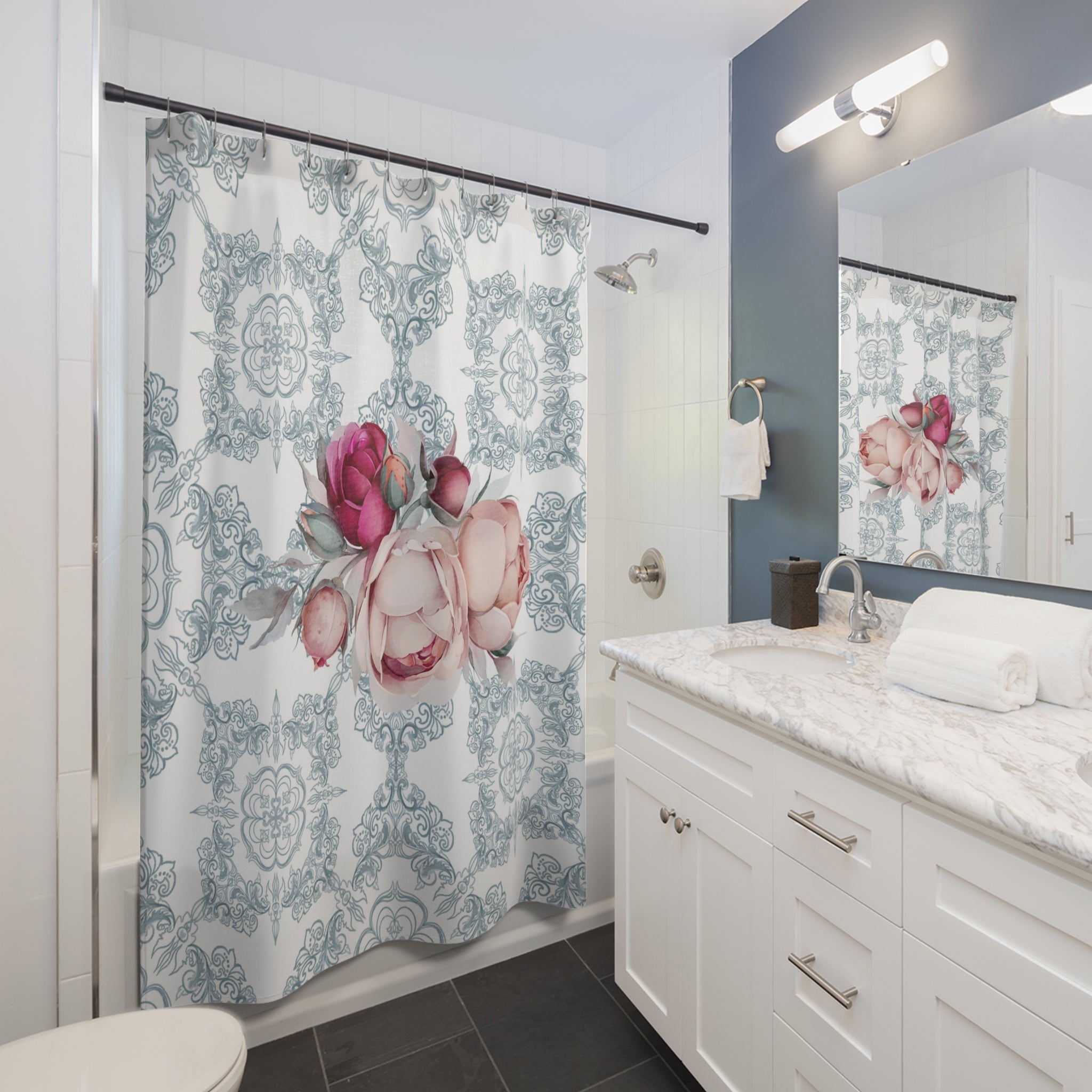 Shower Curtain | Amalfi Coast, Blue White, Tiles, Pink Peonies