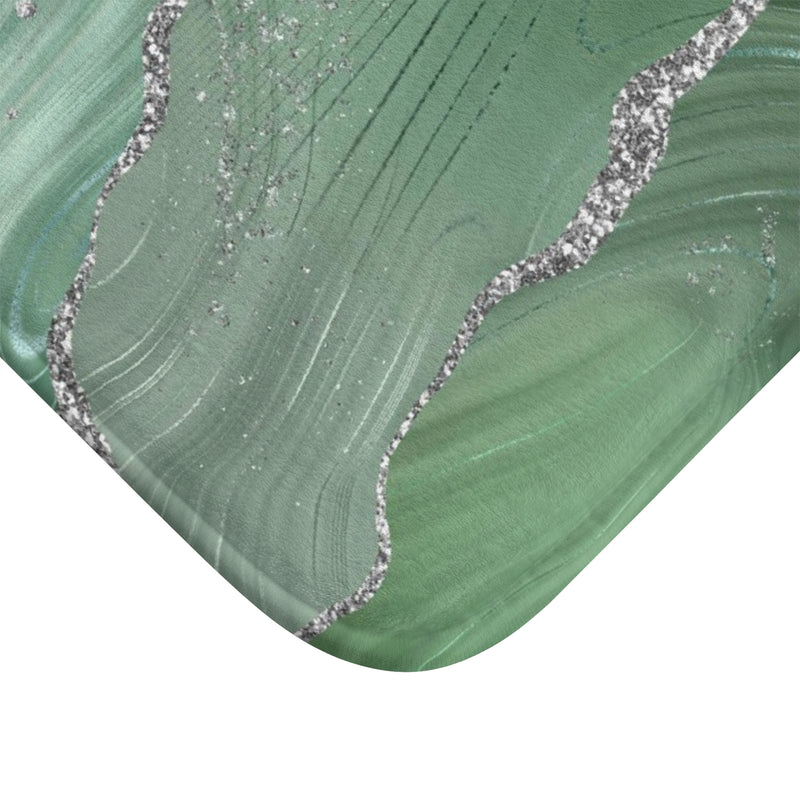Abstract Bath, Kitchen Mat | Sage Green, Silver Marble Print