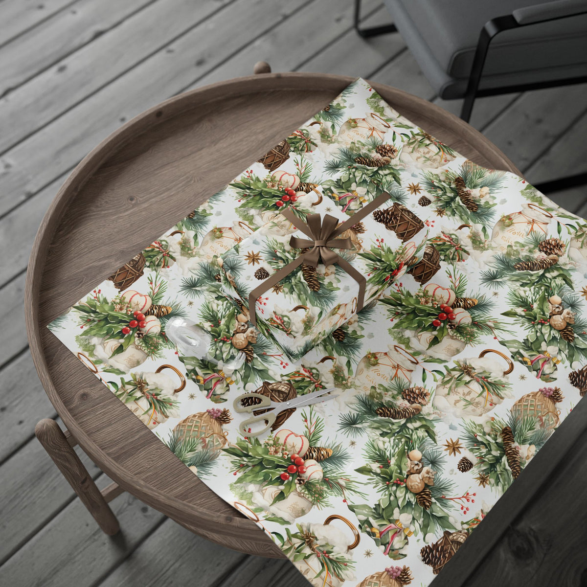 Pine Cone Basket Winter Greenery Wrapping Paper, Gift Wrap