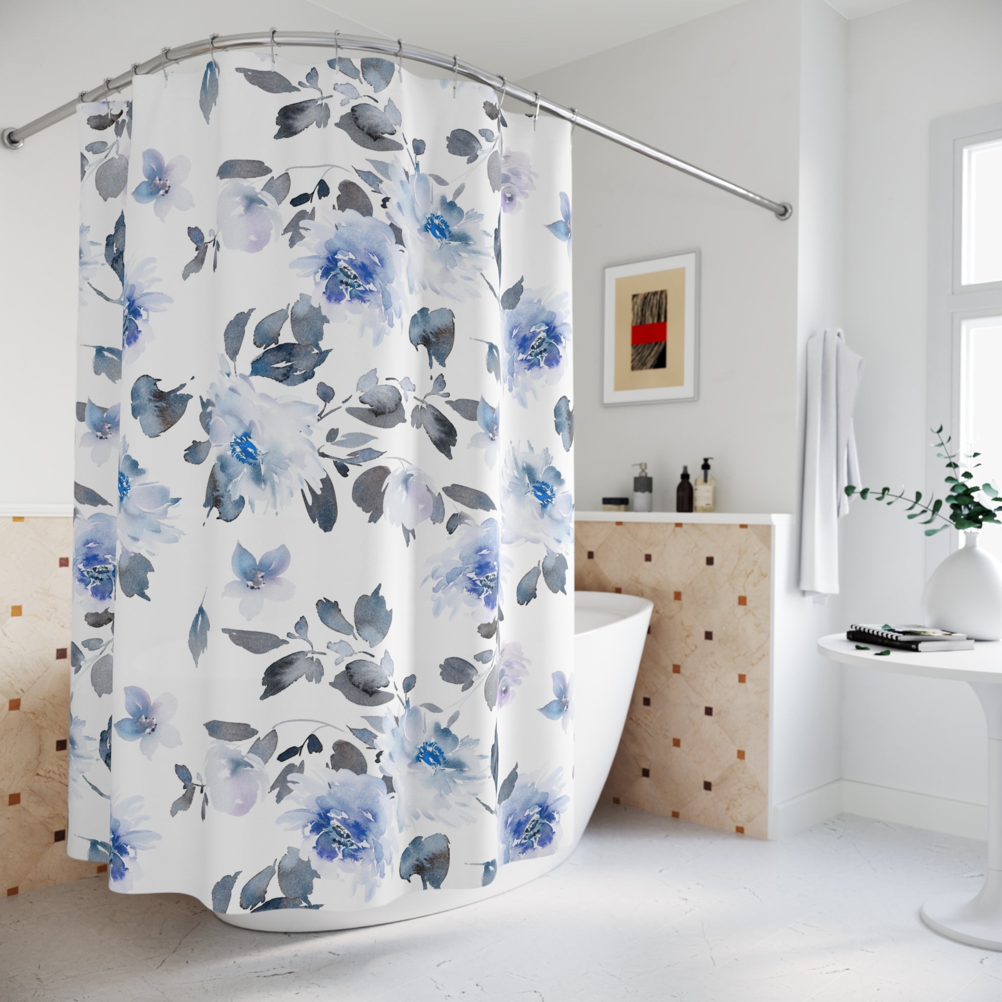Floral Shower Curtain | Blue Grey White Bathroom Decor