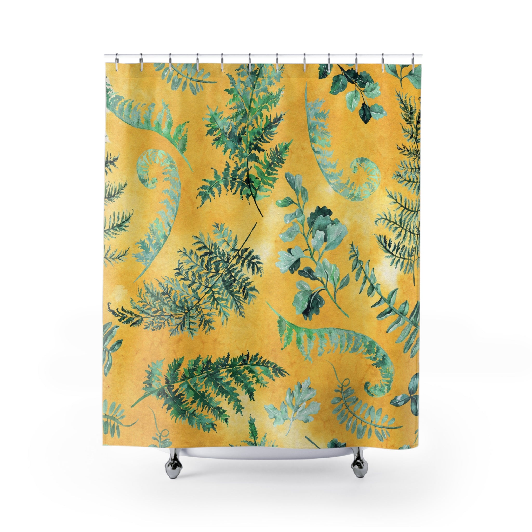 Boho Shower Curtain | Yellow Green, Herbal Leaves Watercolor