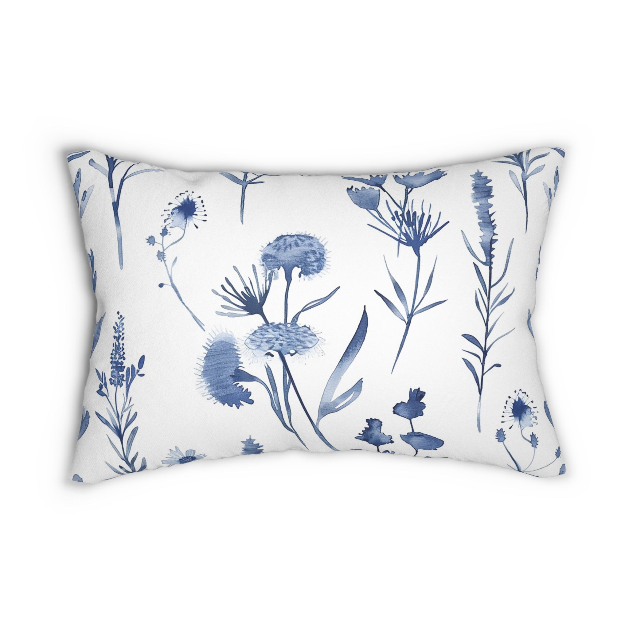 Boho Floral Lumbar Pillow | Blue White Watercolor