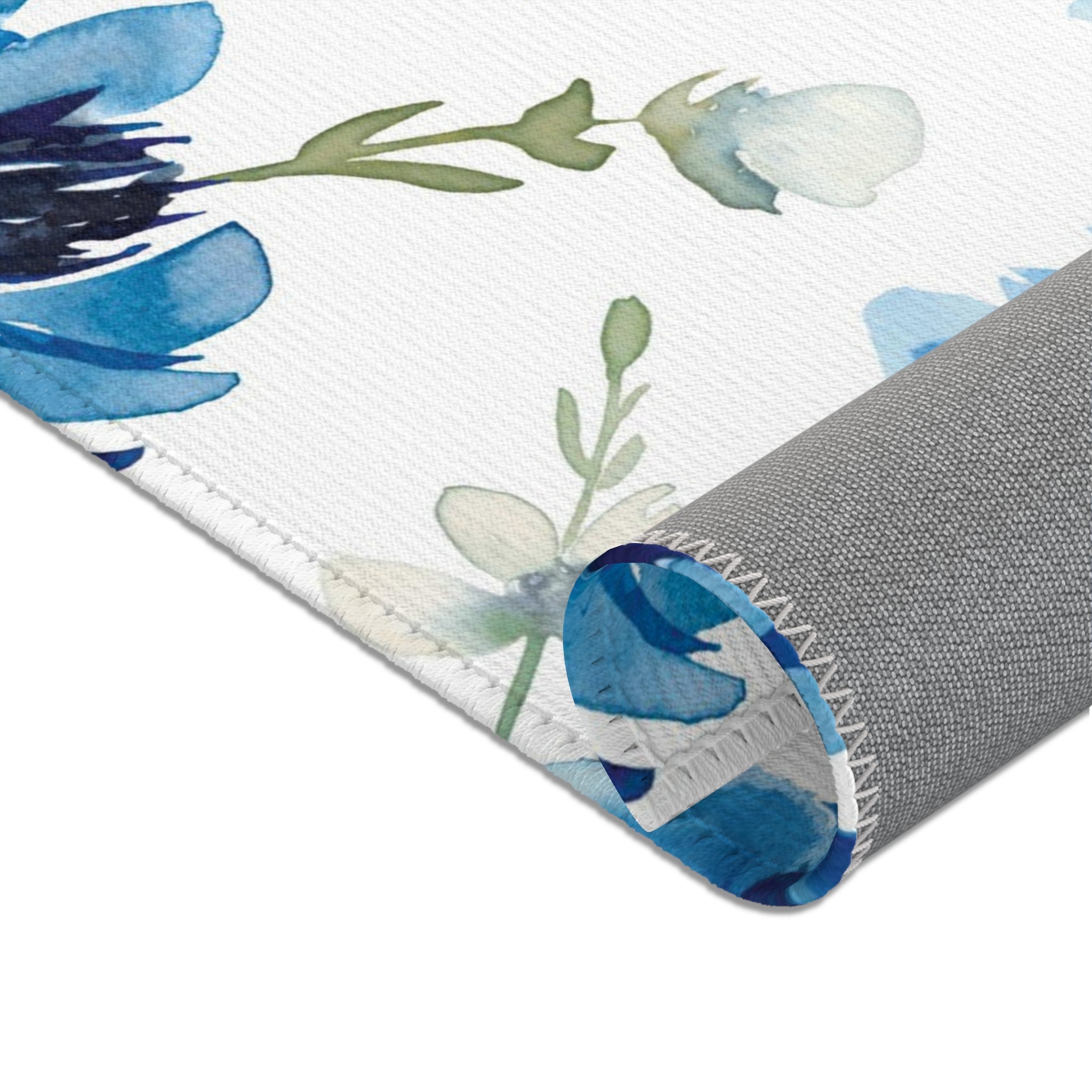 Floral Area Rug | White Indigo Blue Roses Watercolor