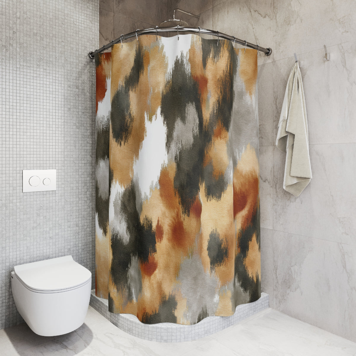 Rust Olive Abstract Ikat Shower Curtain, Bath Curtain 71x74