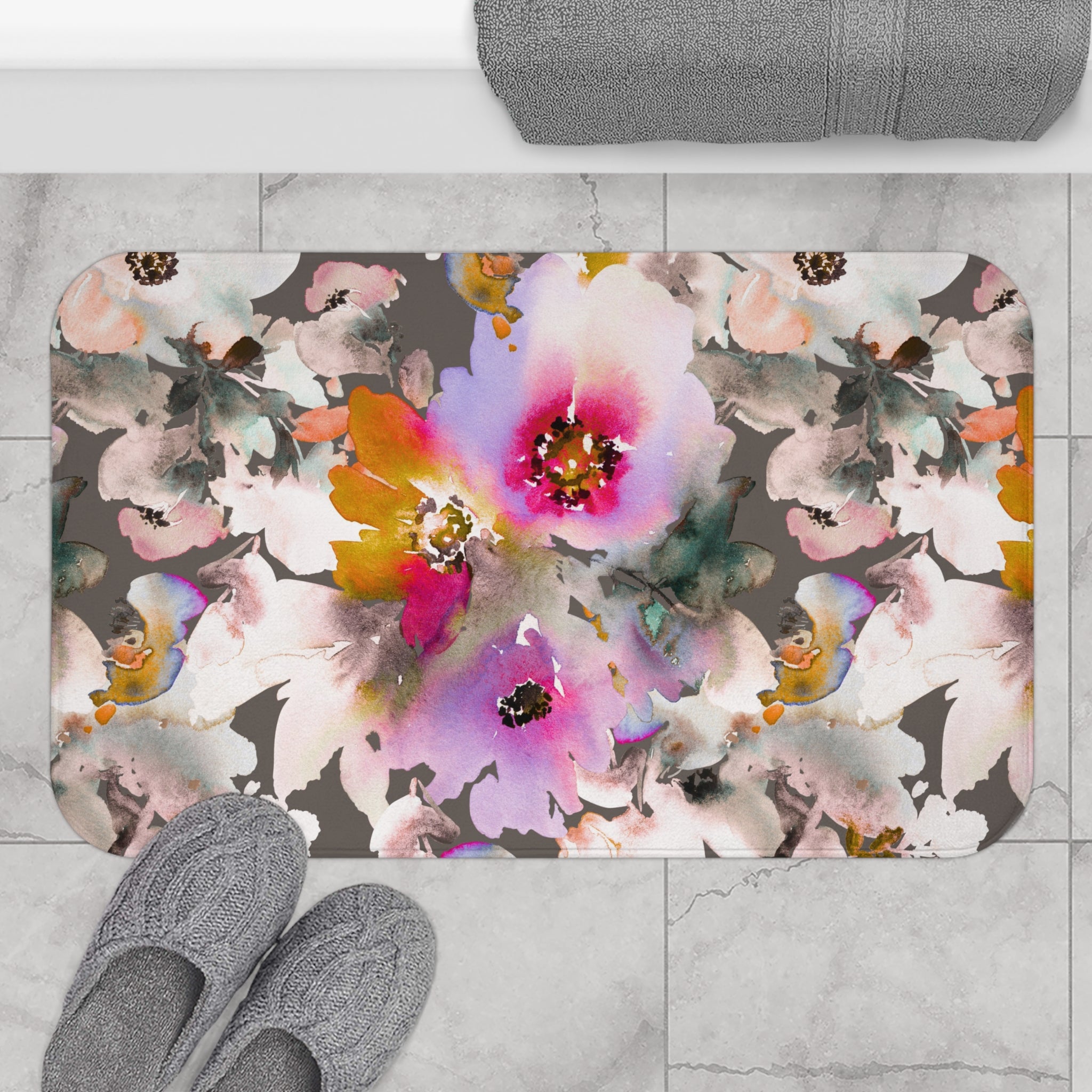 Floral Bath Mat | Grey Pink, White Kitchen Mat