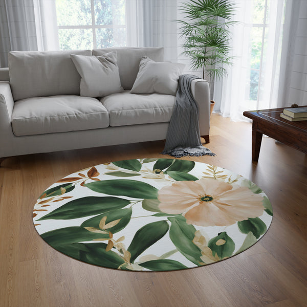 Round Floral Area Rug | 5' Emerald Green, Beige Accent Rug