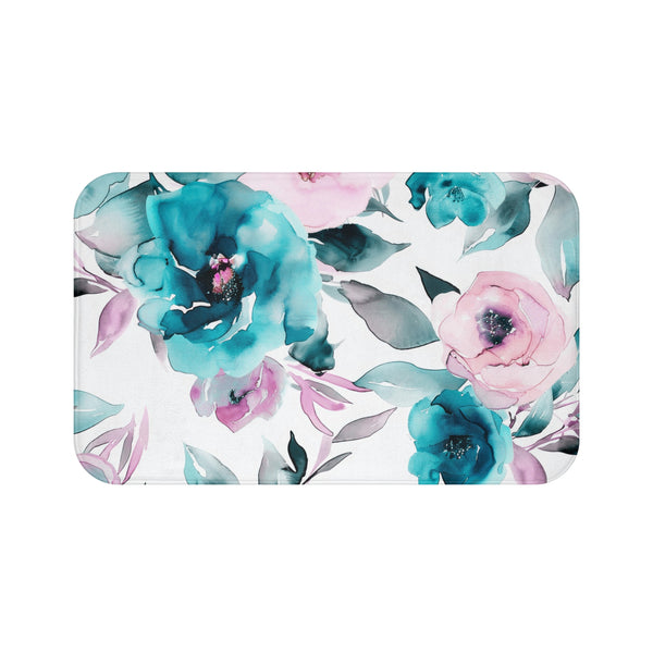 Boho Kitchen, Bath Mat | Floral Pink, White Teal Blue Floor Mat