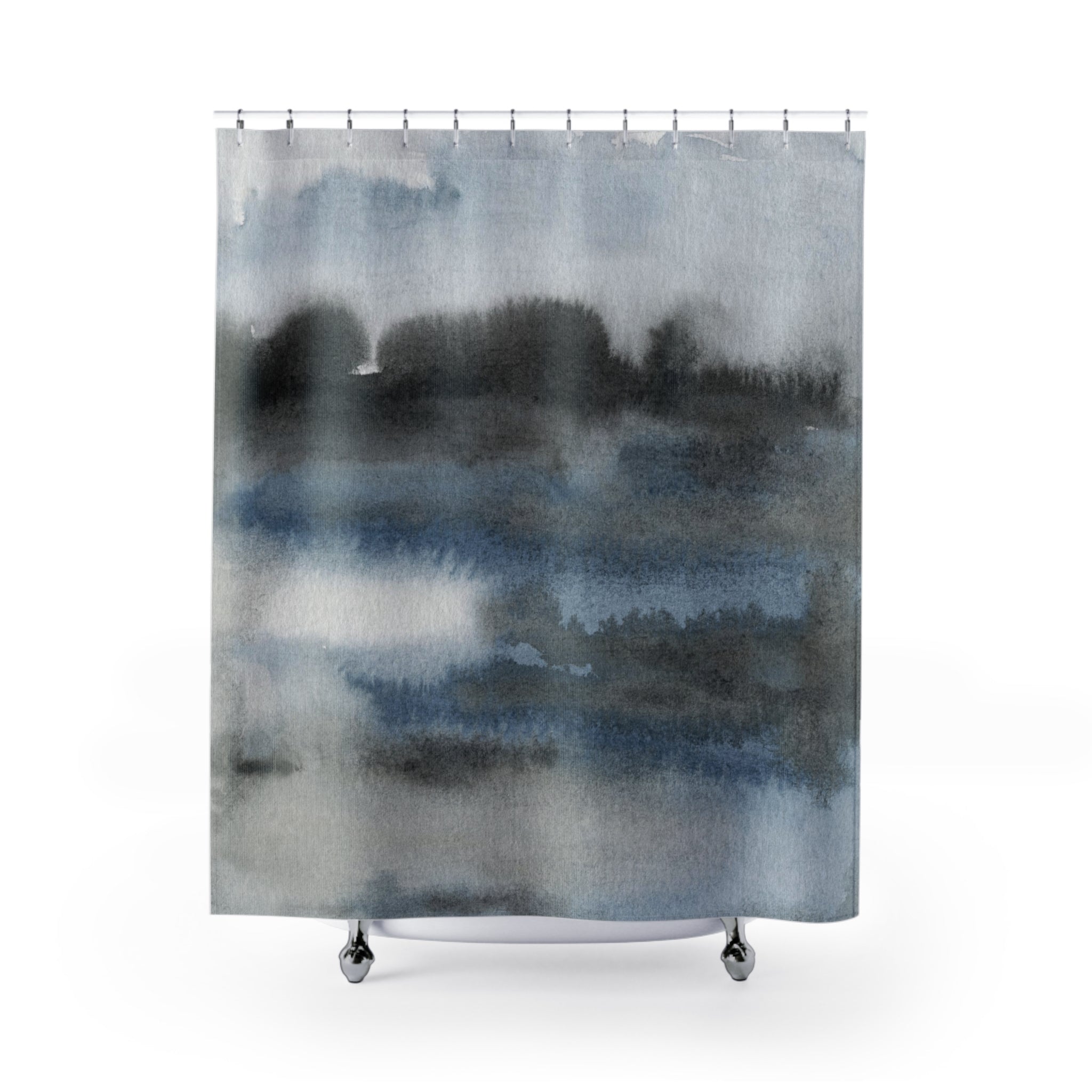 a shower curtain with a watercolor painting on it