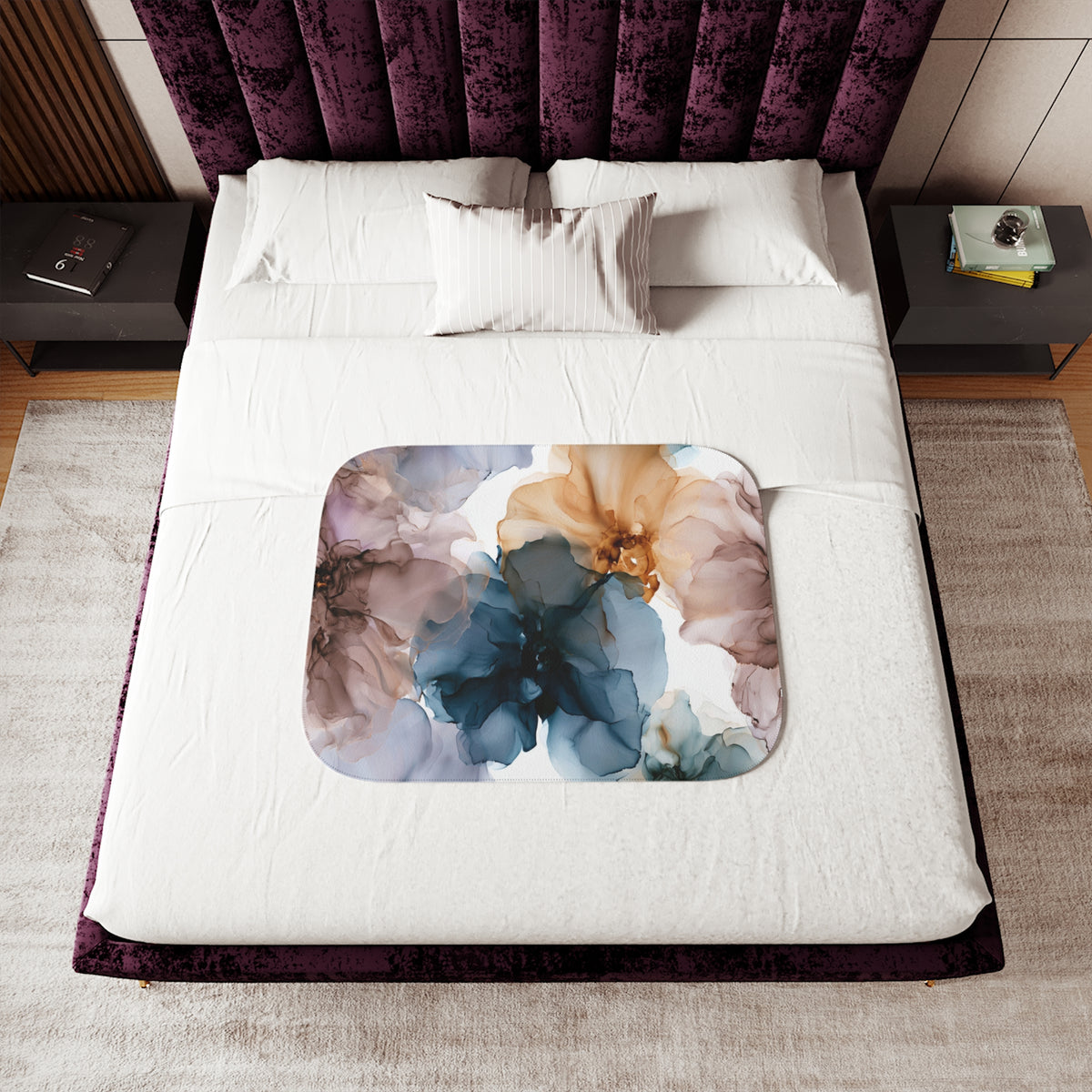 a bed with a purple headboard and white sheets
