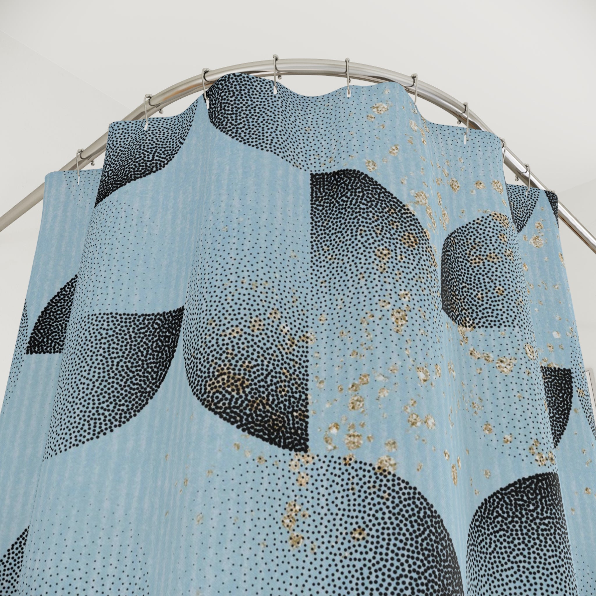 Dusty Blue Shower Curtain | Black Geometric, Gold Dust