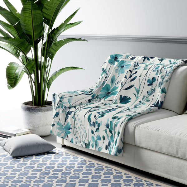 Floral Comfy Blanket | Teal Green, Blue Wildflowers