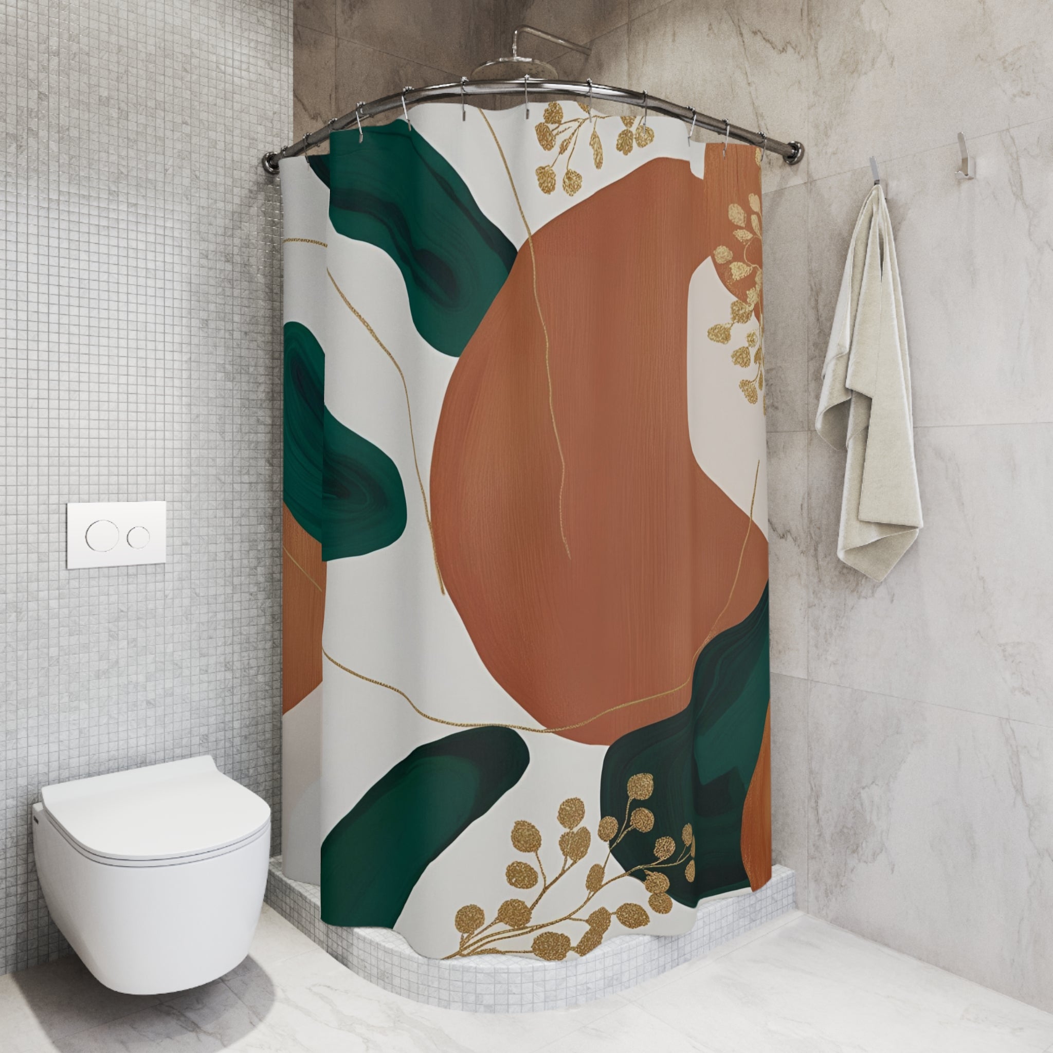 Boho Abstract Shower Curtain | Burnt Orange, Green, Gold Leaves