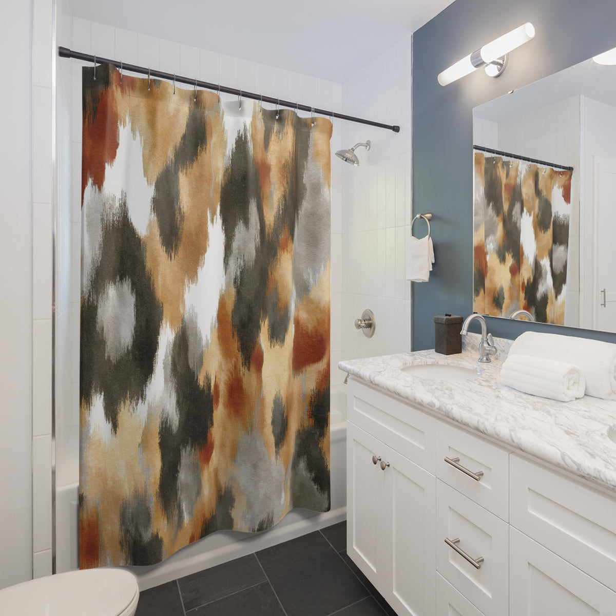 Rust Olive Abstract Ikat Shower Curtain, Bath Curtain 71x74