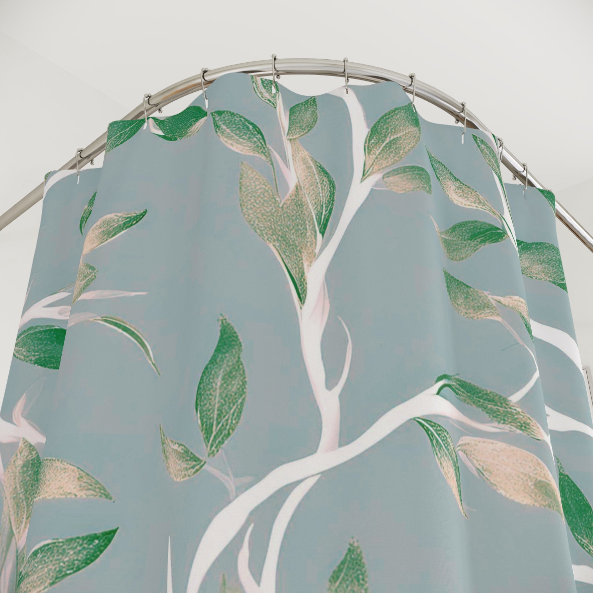 Boho Shower Curtain | Grey Green, Gold Beige White Leaves