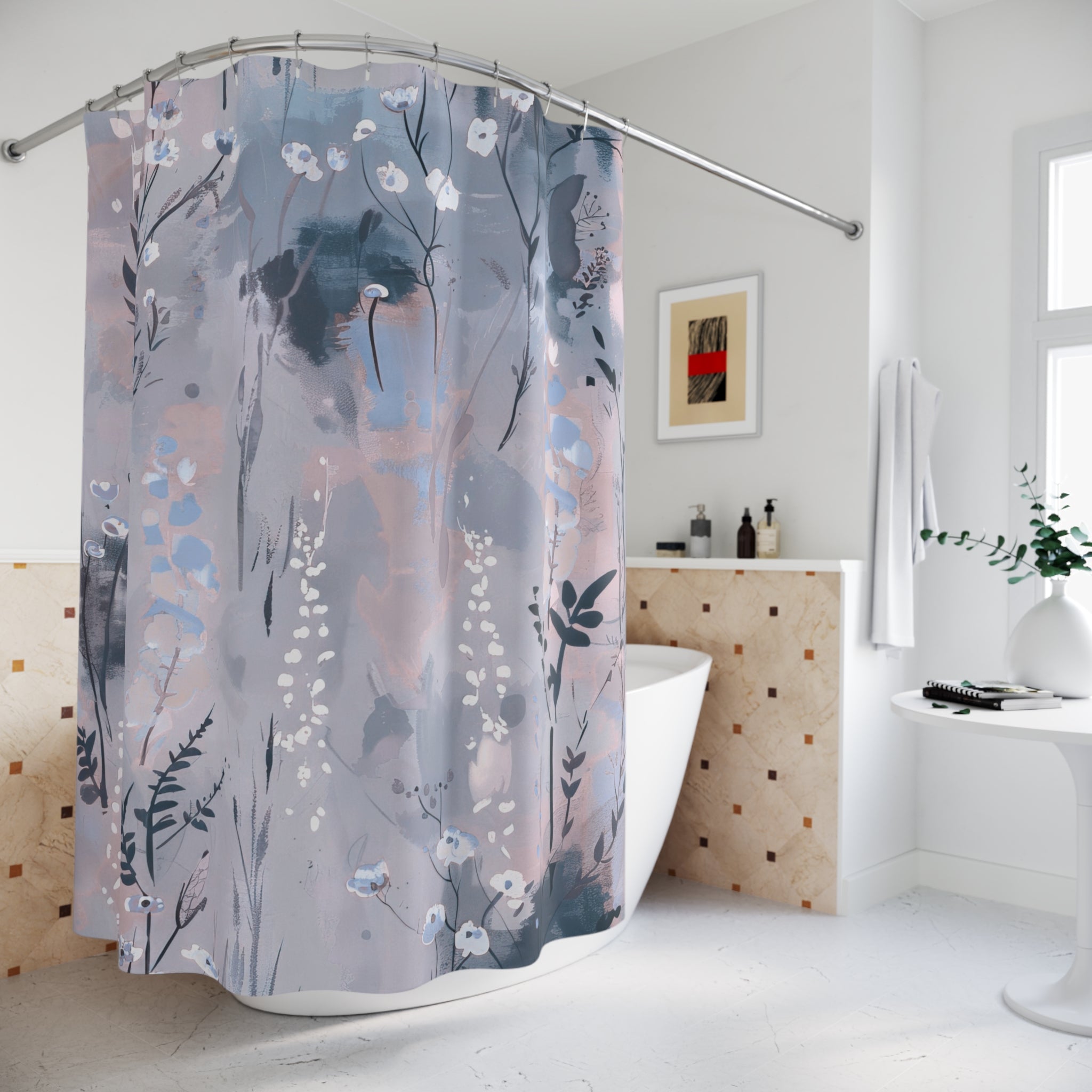 Boho Shower Curtain | Floral Moody Paste Blush Blue