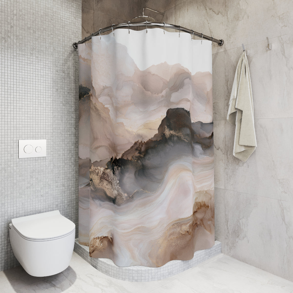 a bathroom with a shower curtain featuring a landscape design, including mountains and clouds. The shower curtain is hanging on a rod next to a towel.