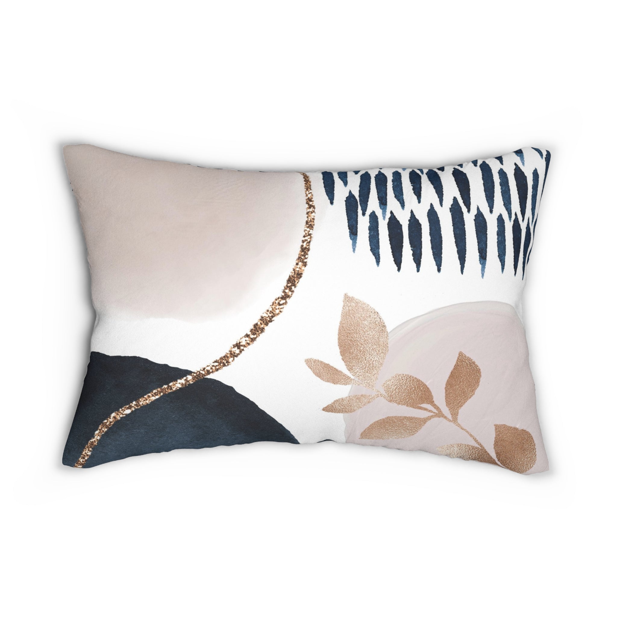 Abstract Lumbar Pillow | Navy Blue White, Blush Beige Gold Leaf